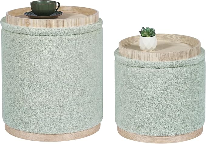 PINPLUS Round Ottoman with Storage Set of 2, Storage Ottoman with Tray