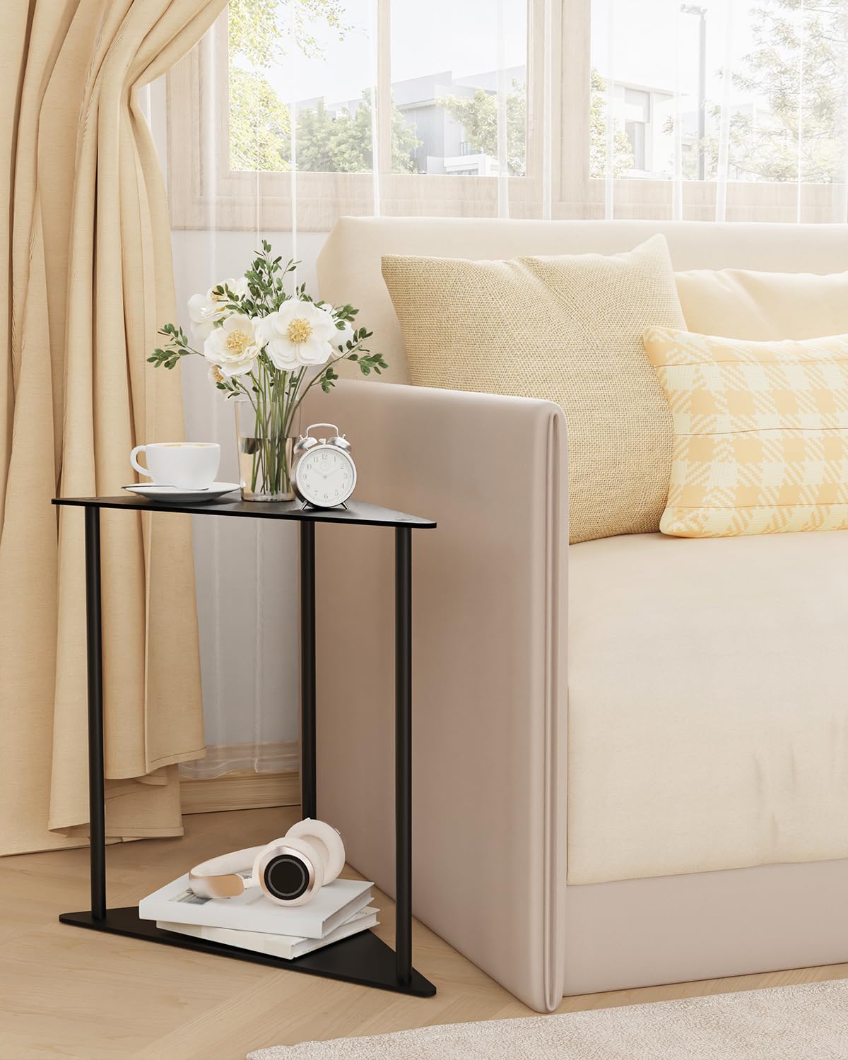 Yawinhe Metal Side Table,Small End Table with 2-Tier Storage Shelves,Nightstand for Small Spaces,Modern Tiered Triangle Coffee Table, Used for Living Rooms, Bedrooms,Black,2 Pack, SZJ202B-2