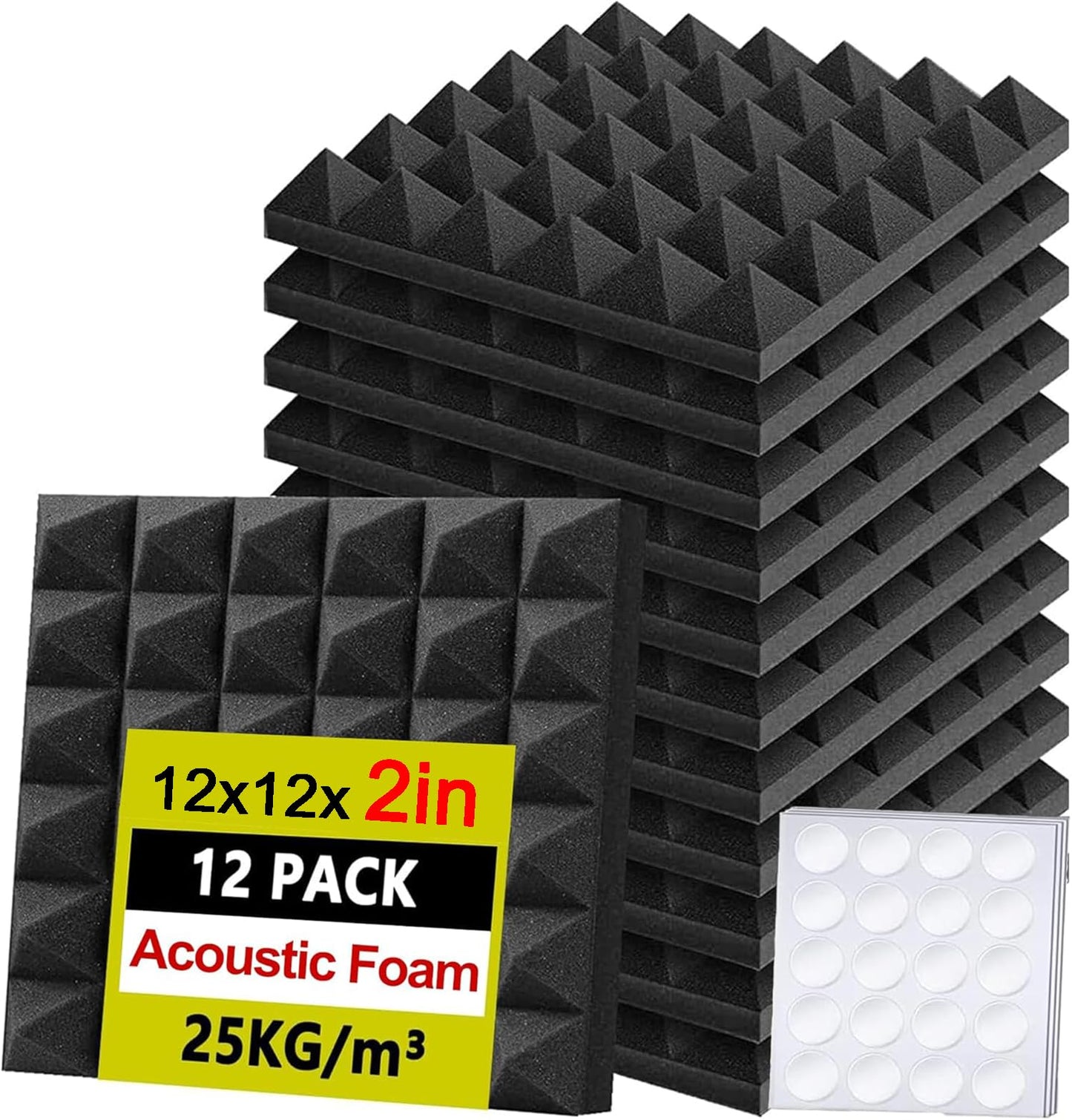Foneso Acoustic Foam Panels, 12''x12''x2'' High Density Sound Proof Foam Panels for Walls, Pyramid Designed Acoustic Panels Sound Absorbing for Sound Studio, Podcast Recording and Offices (12Pack)