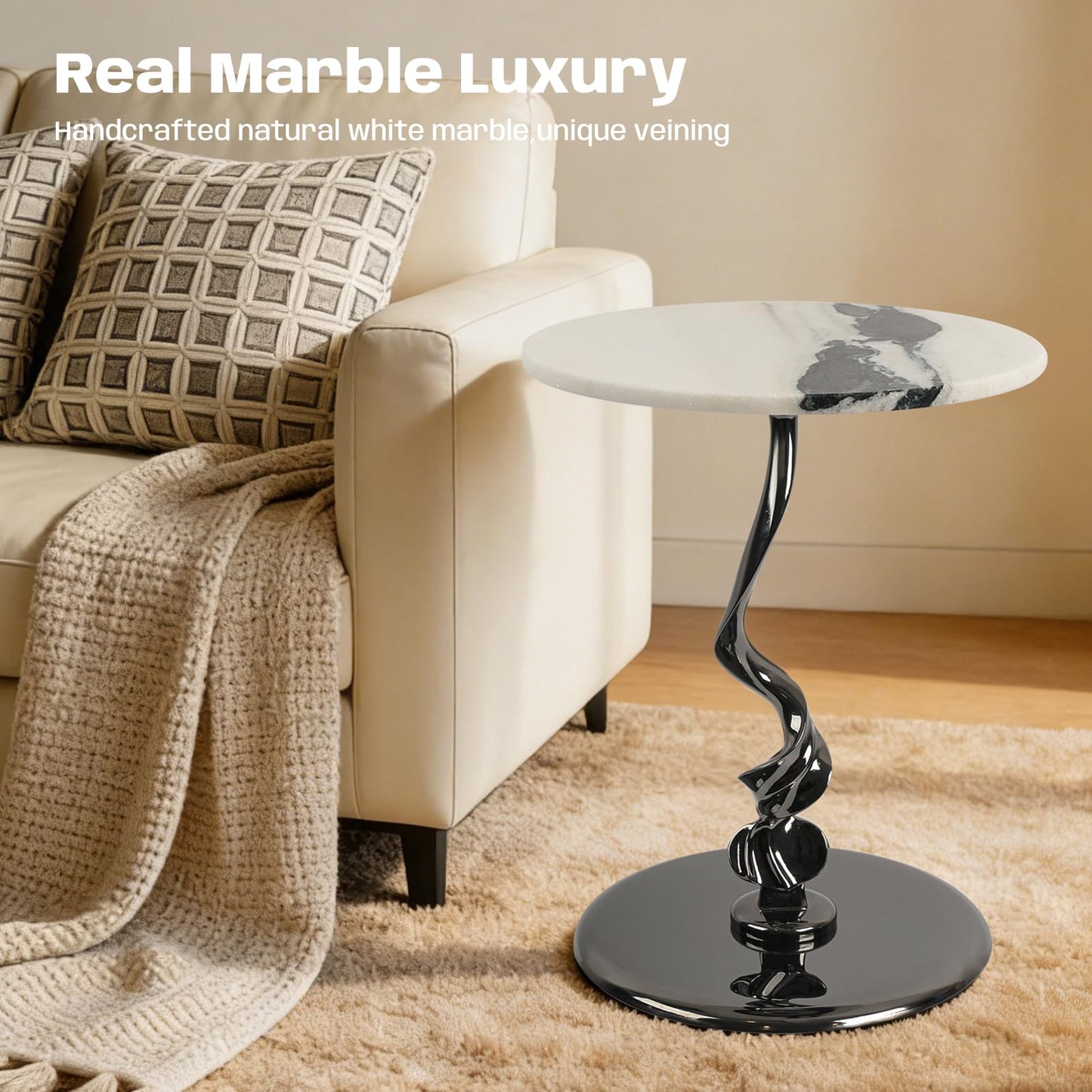 Adolif Round Marble Side Table 16 Inch Pedestal End Table for Living Room