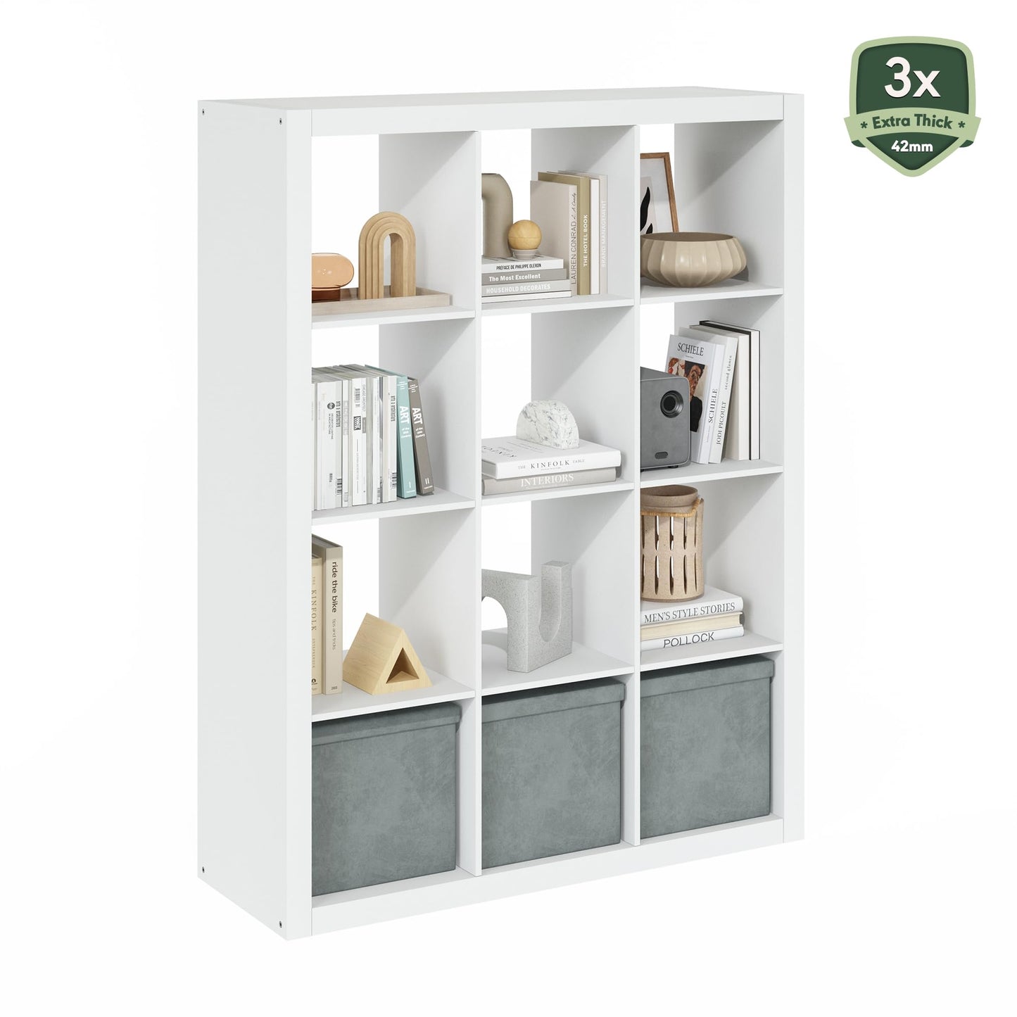 Furinno Cubicle Book Shelf, 12-Cube Bookshelf, Triple Thick Frame Cube Storage Organizer, 1.65" Thick Bookcase, 15.4" x 57.4" x 43.4", for Home Office, Living Room, Plain White