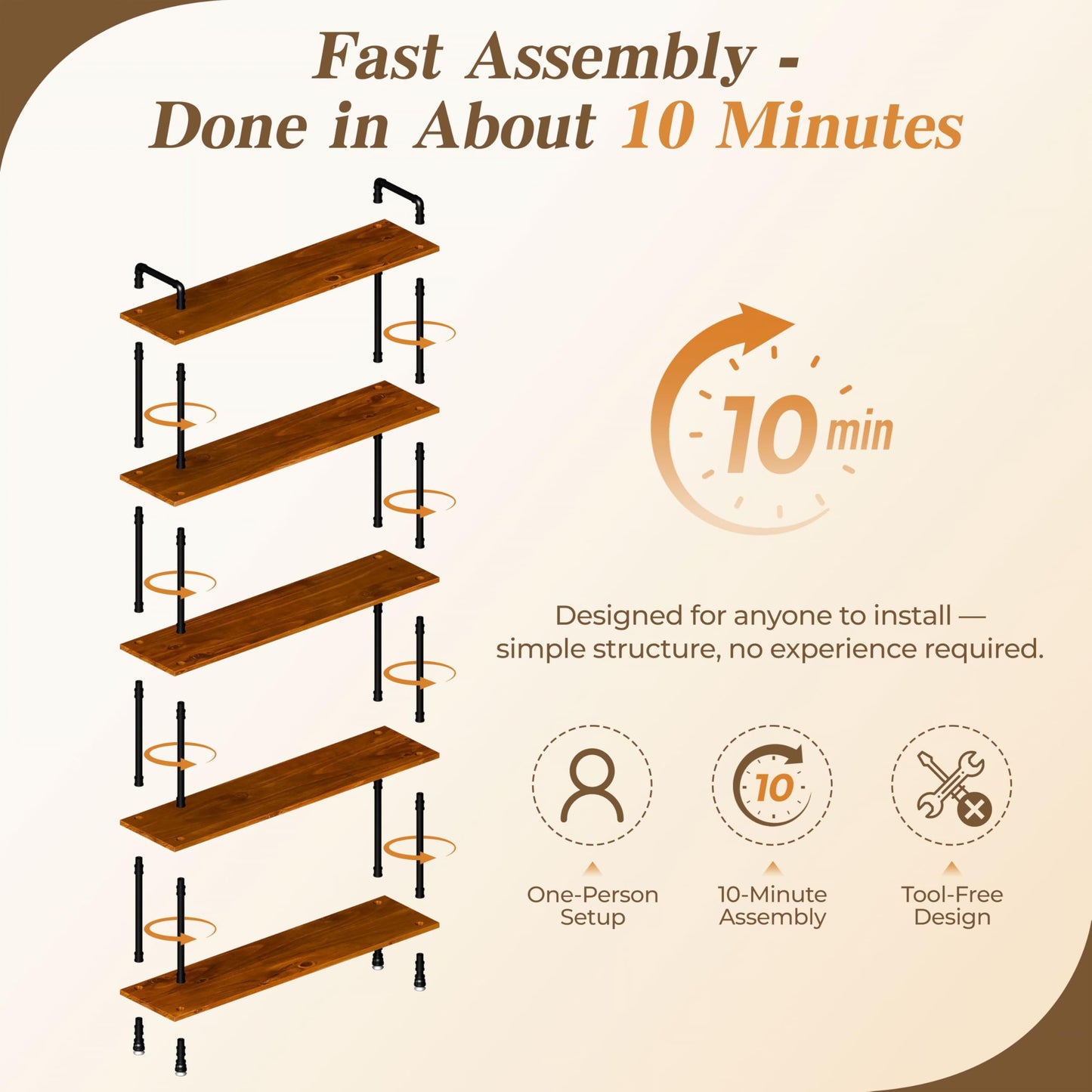 Anynice Industrial Bookshelf, Rustic Open Bookcase, 5 Tier Wood and Metal Bookshelf, Solid Pine Wood and Iron Pipe Tall Narrow Storage Shelf for Living Room Bedroom Office Kitchen