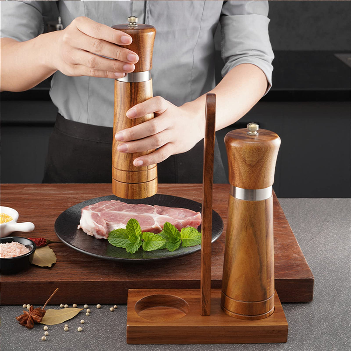 Ninefish Wooden Salt and Pepper Grinder Kit,Wood pepper mill,8-inch manual Teak Wooden Salt and Pepper Shakers, Pepper and salt grinders are combined with Wooden Stand Holder Tray and Wooden Spoon