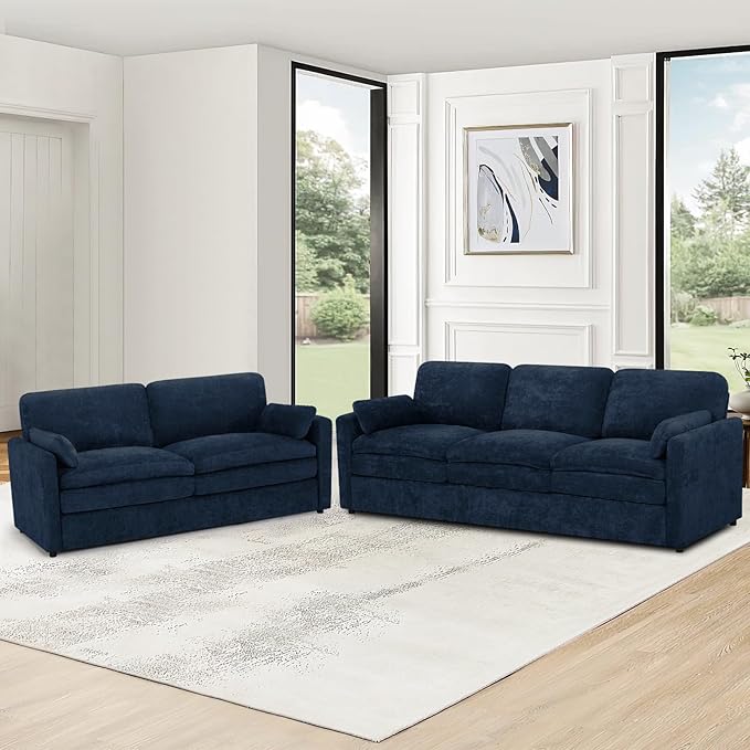Classic Chenille Sofa Set with 2 Extra Armrest Pillows, Loveseat and 3-Seat