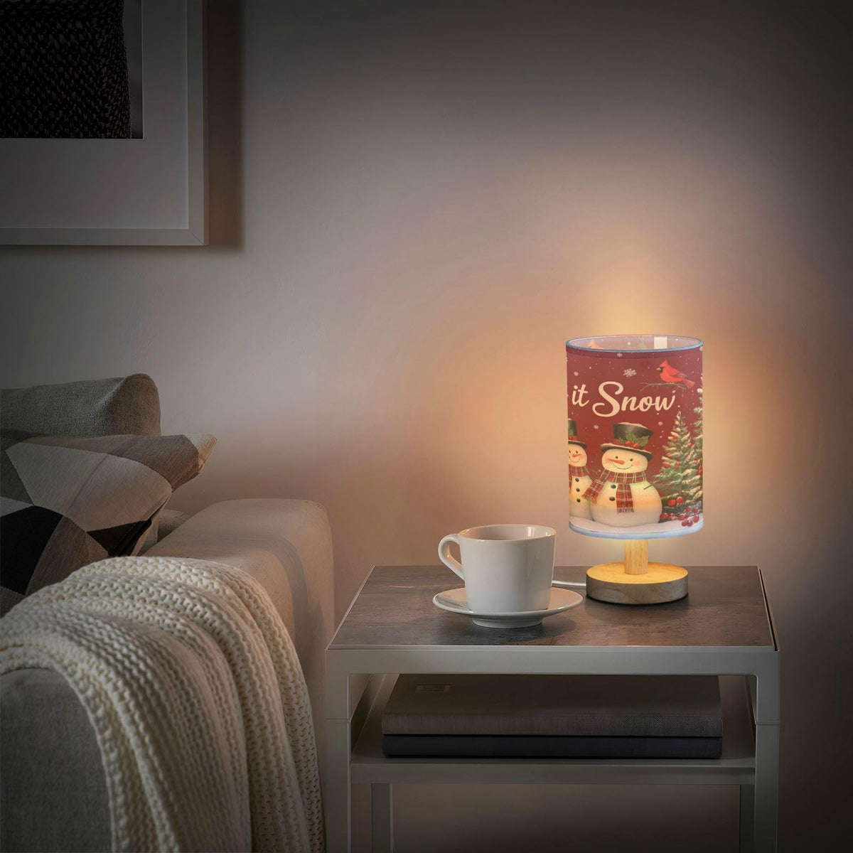 Dussdil Christmas Snowmen Cardinals Trees Table Lamp Bedroom Bedside Night Reading Desk Lamps Cylinder Nightstand Sleeping Light Lamp for Xmas Party Living Room Office Decor