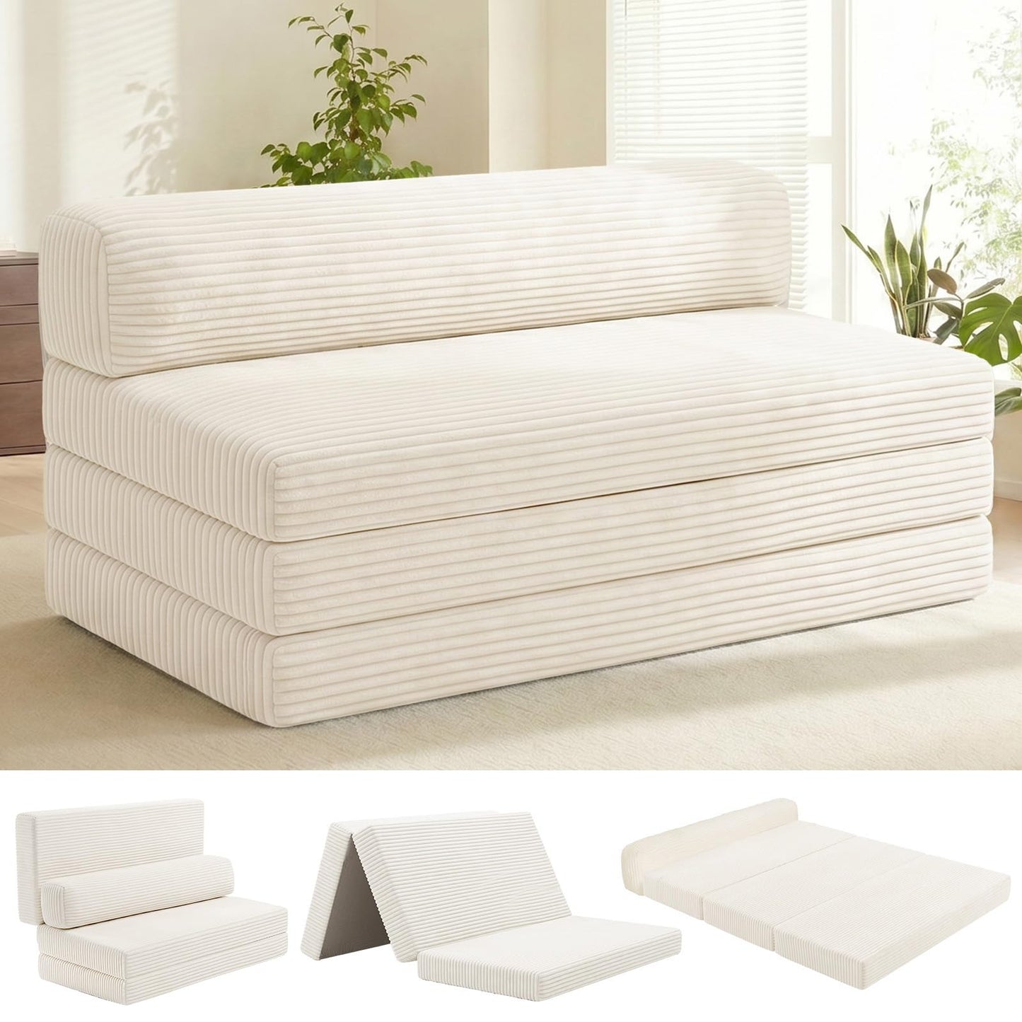 NLDD Convertible Sofa Bed, Boneless Loveseat with Removable Cushions & Washable Corduroy Cover, Futon Sofa Bed with Handle, Pull Out Couch for Small Spaces, Full Size, Beige