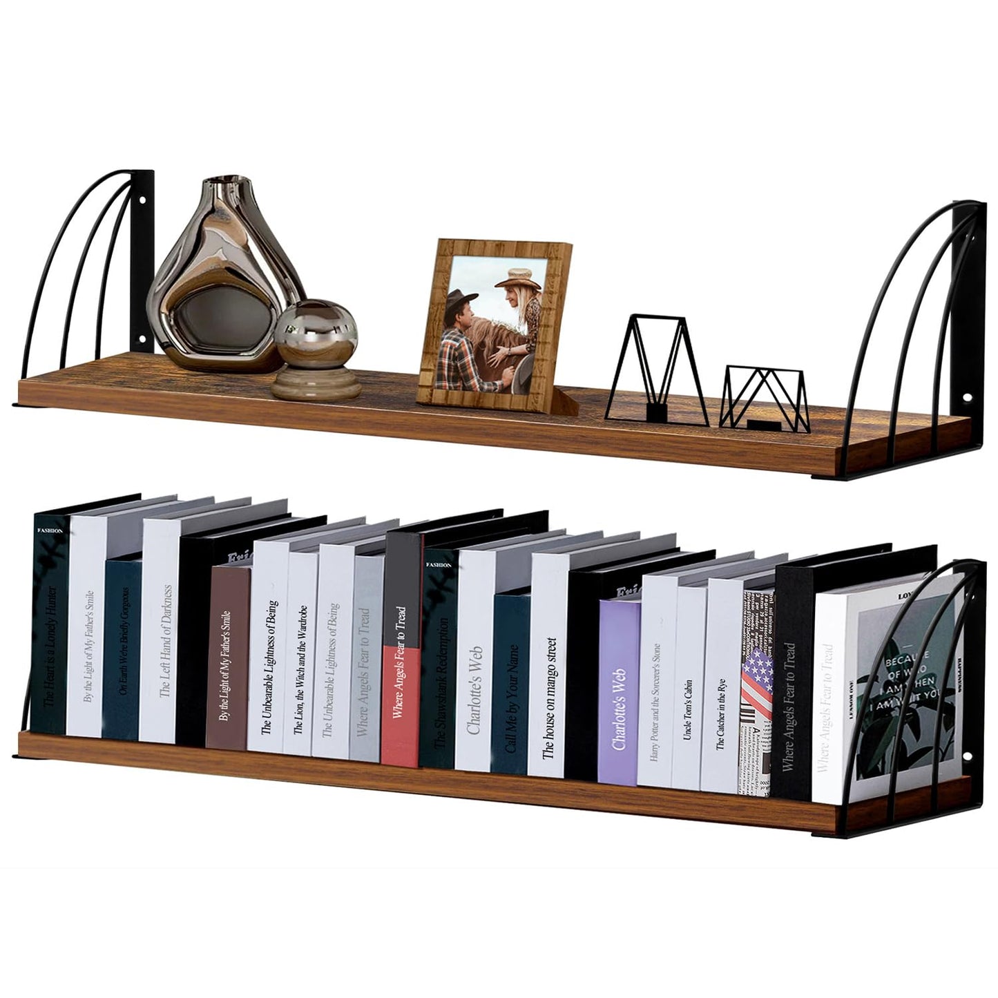 Long 36 inch Rustic Brown Floating Book Shelves for Wall - Curved Fan-Shaped Design with Built-in Anti-Slip Book Stops|0.71" Thick MDF Heavy Duty Floating Bookshelves|Wall Bookshelf for Books Set of 2