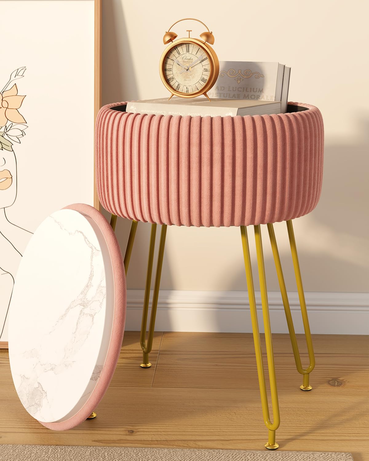 IBUYKE Velvet Storage Footrest Stool Ottoman, Makeup Vanity Stool Side Table with Golden Steel Legs Removable Cover, Coffee Table Top Cover, Pink LG-20P