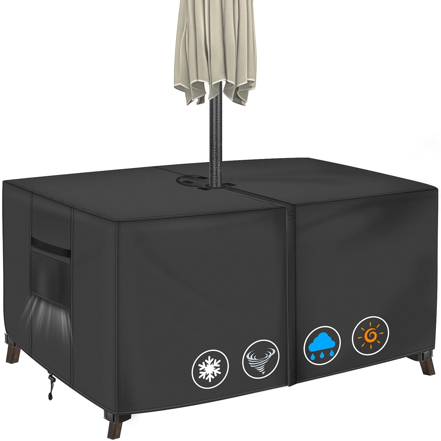 Rectangular Patio Table Cover with Umbrella Hole 72"L x 44"W x 23"H (COVER SIZE，NOT TABLE SIZE) Heavy Duty Waterproof Black Set Tarpaulins