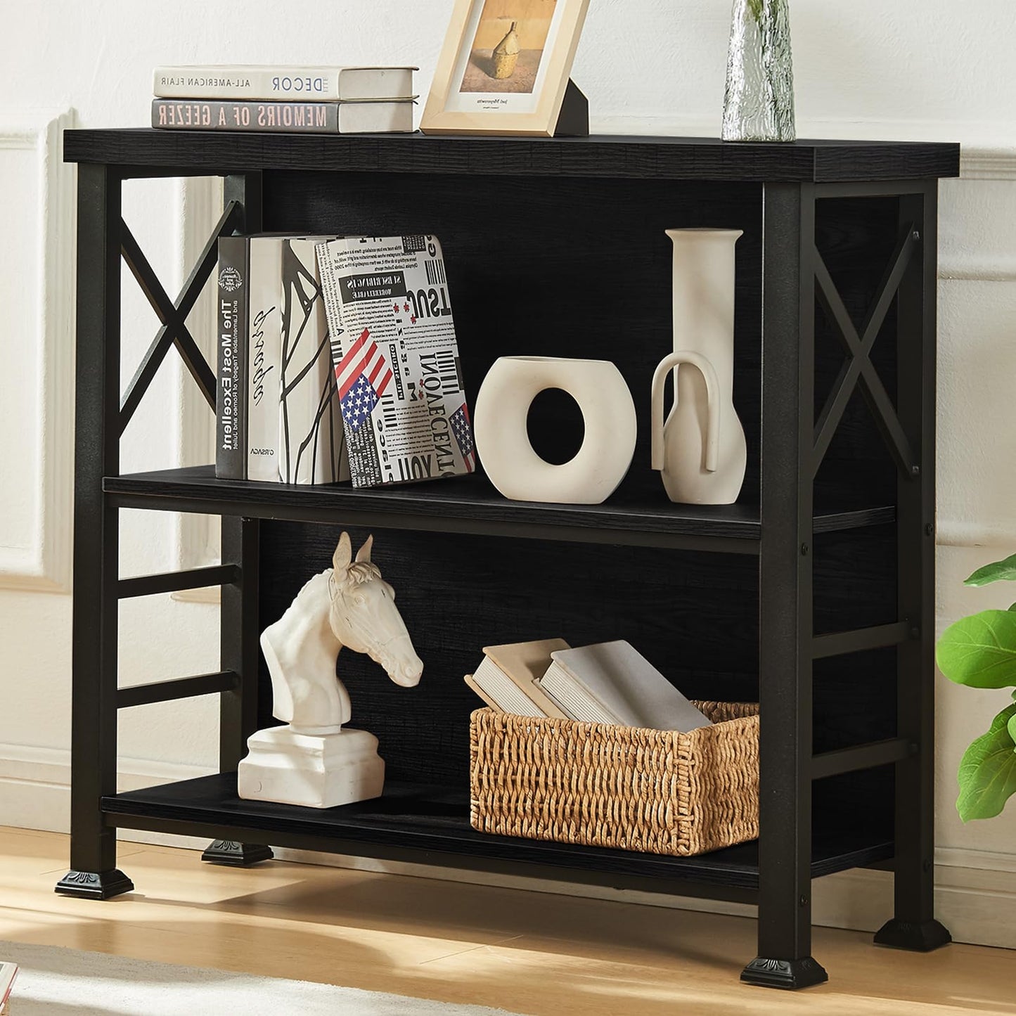HOMBAZAAR 3-Tier Small Bookshelf, 35.4 Inch Short Book Shelf with Sturdy Metal Frame & Wood Shelves, Black Industrial Bookcase for Living Room, Bedroom, Office