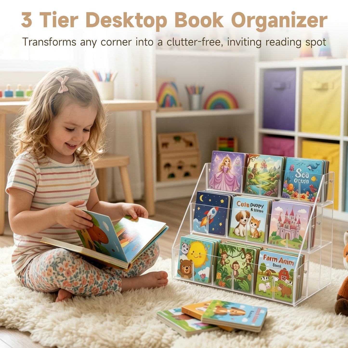 TIMCORR Acrylic Tabletop Bookshelf Display, 3 Tier Small Portable Clear Desktop Book Display Rack for Magazines Cards & Brochures, Space-Saving Book Organizer Storage Rack, 14.2 x 8.7 x 9.7 Inches