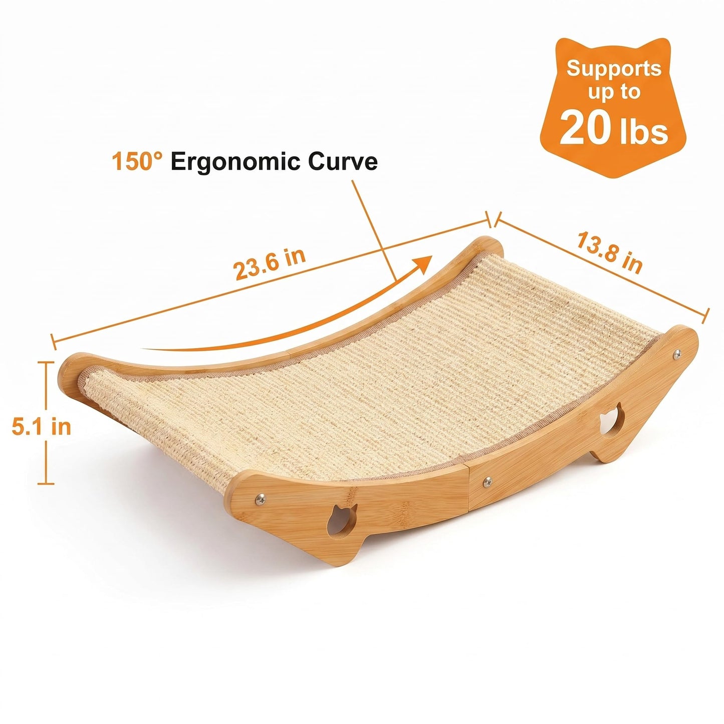 meenguo-pisa Cat Scratcher & Scratching Lounge, 3-in-1 Sisal Bed & Hammock for Indoor Cats, Wood Frame, Curved Lounge, Large 23.6x13.8in, Cat Furniture, 20 lbs