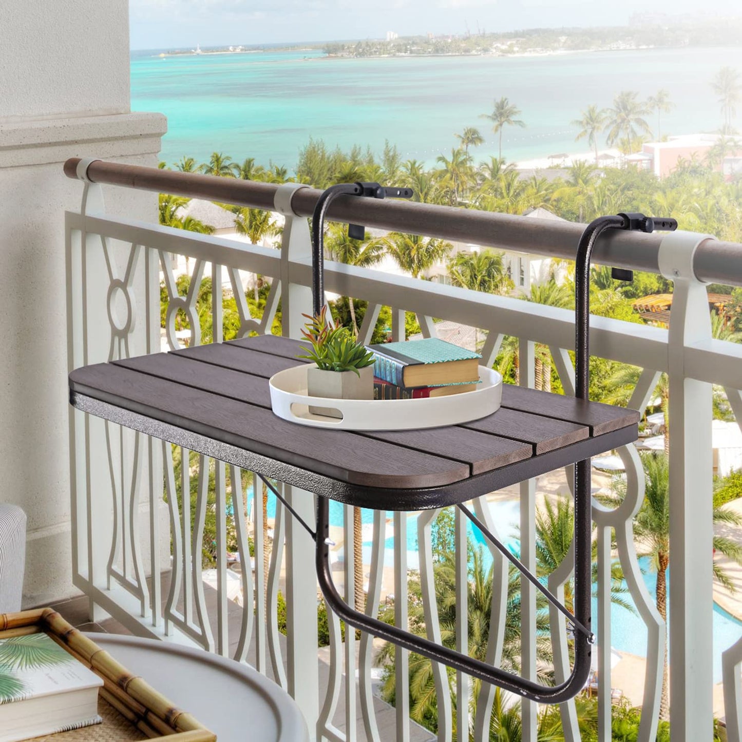 Patio Novagarden Balcony Railing Table Outdoor Hanging Folding Brown Aluminium Metal Side Table Adjustable 23.6"L x 15.7"W
