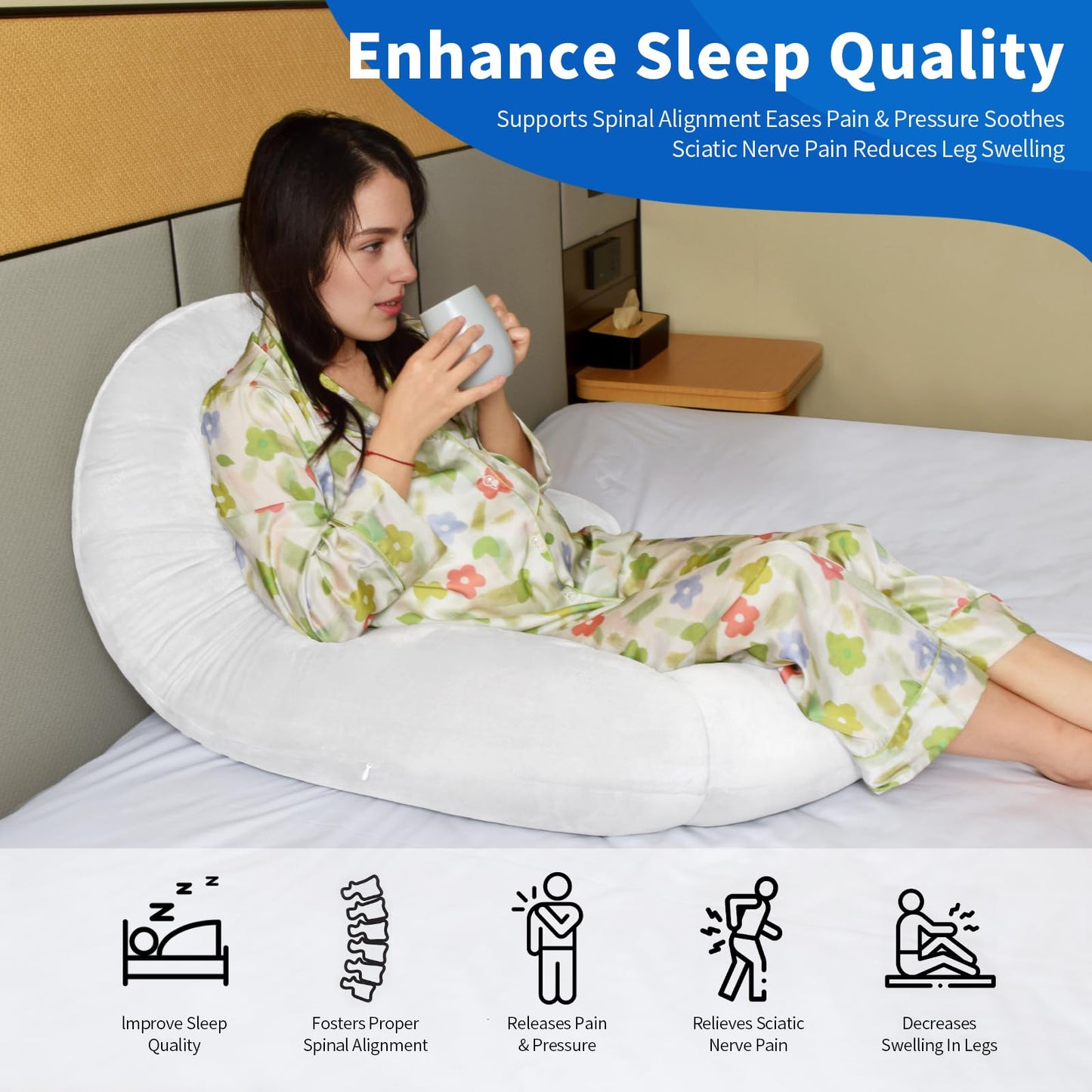 Pozico U-Shaped Full Body Pillow for Side Sleepers – 51-Inch Body Pillow with Ear Piercing Design – Cooling Pregnancy Pillow Orthopedic Support for Back, Neck & Hip – Soft Washable Velvet Cover