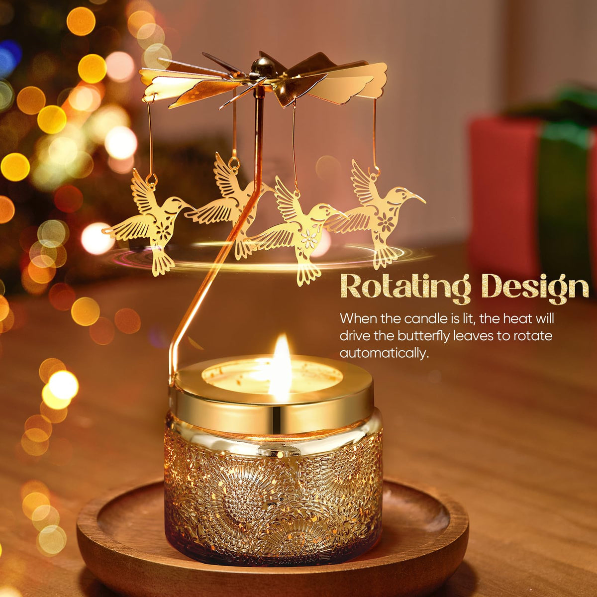 Hummingbird Rotating Scented Candle, Elegant Glass Jar Perfect for Romantic Dinners, Cozy Living Rooms or Relaxing Baths, Thoughtful Gift for Wife, Girlfriend or Friends with Rose Scent