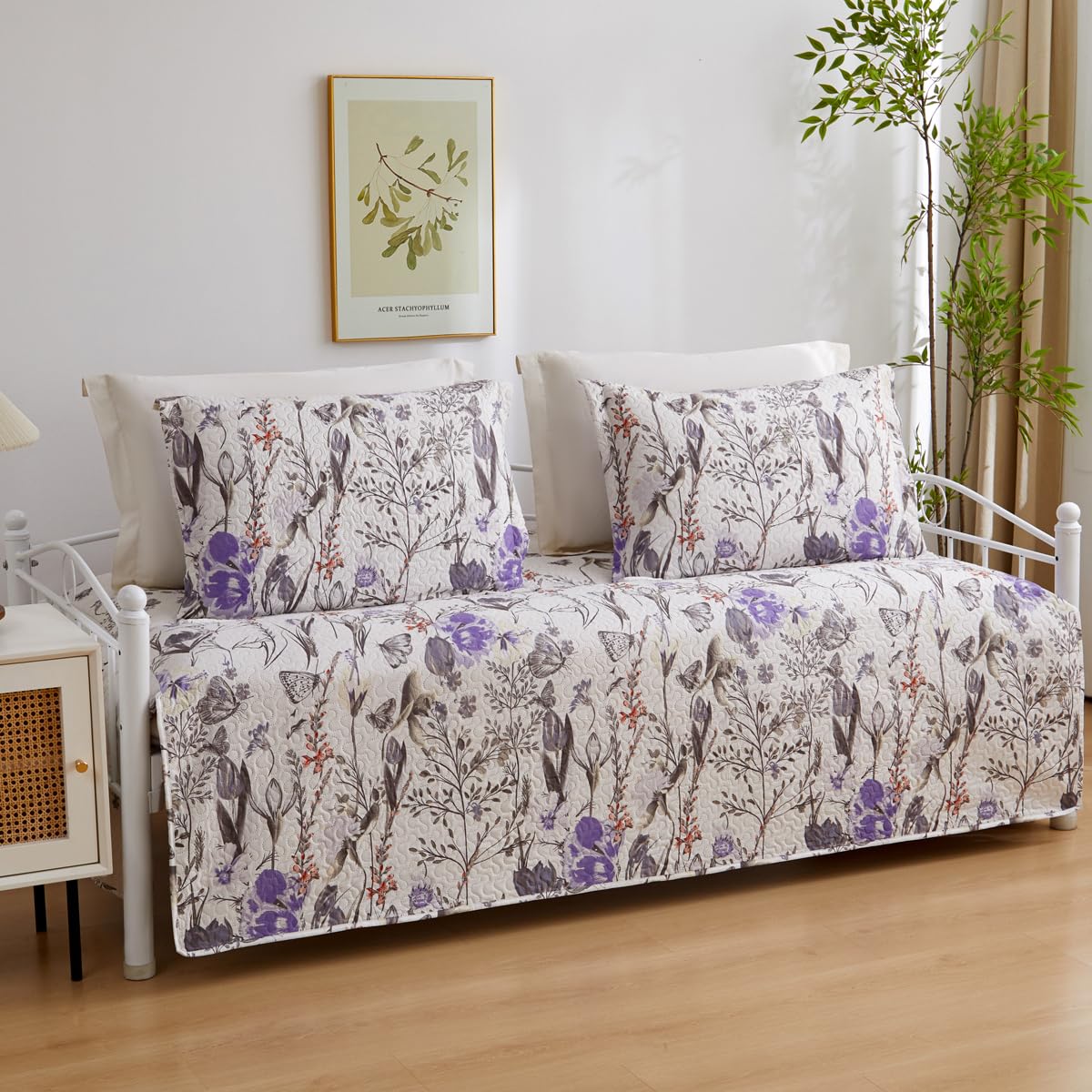 Jarson 3 Pcs Floral Daybed Cover Set Twin Size Butterfly Tulip Flower Sofa Cover Bedding Sets Double Side Bed Set for All Season Botanical Pattern Daybed Quilt Set with Pillow Shams
