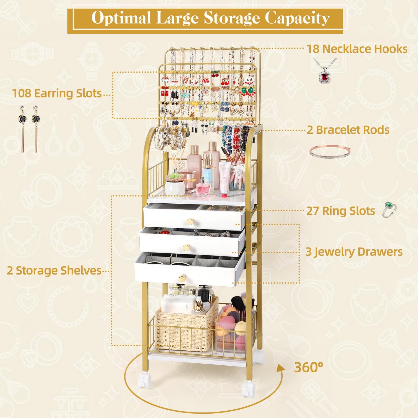 Keebofly Large Jewelry Organizer Stand with 3 Box Drawer - Necklace Organizer Earring Storage Armoire Holder with Display for Earring Necklace Ring Bracelet Gold