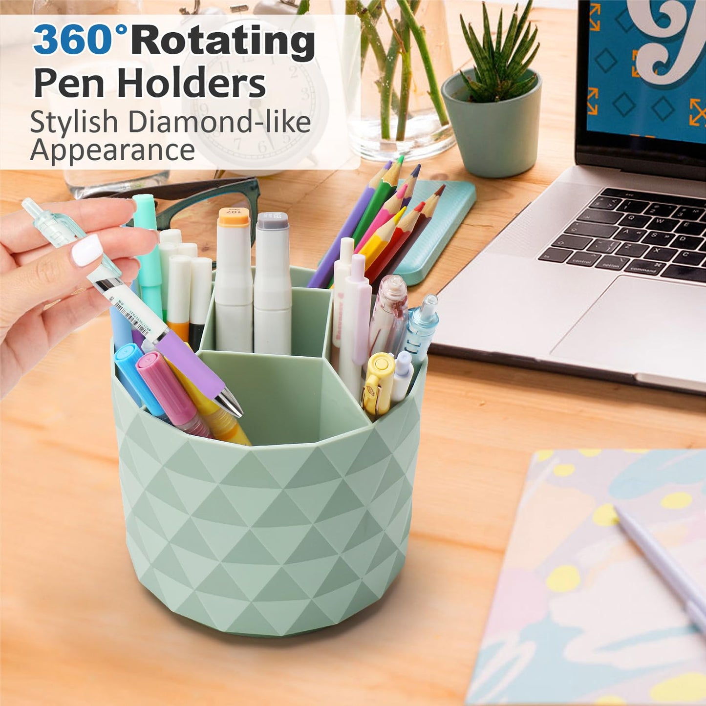 Nuozme Desk Organizer, 360-Degree Rotating Pencil Pen Holders For Desk, Diamond Pattern Pen Organizer With 5 Compartments, Cute Desk Accessories Decor For Office, School,Home,Art Supply (Green)