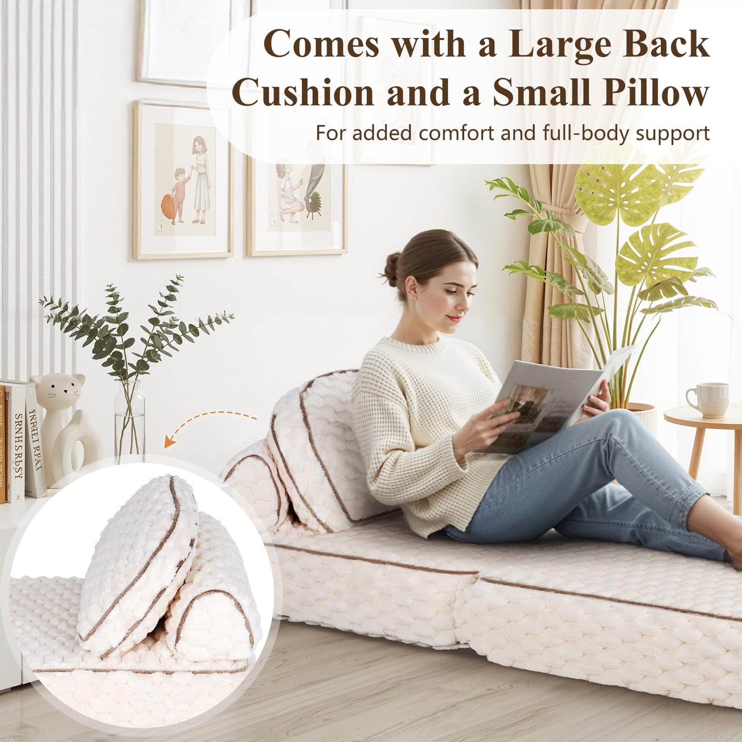 MALOL Folding Sofa Bed, 3-in-1 Convertible Sleeper Chairs with Pillow,Back Support, Fuzzy Fabric Floor Couch Bed for Adults, Boneless Couches Living Room, Bedroom, Apartment,Beige