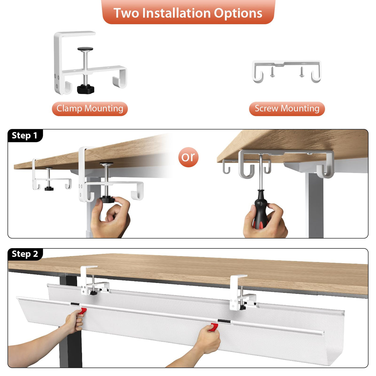 Univivi No Drill Under Desk Cable Management Tray, 48" Cord Organizer for Table, Clamp/Screw Mount Desk Cable Management, Premium Fabric Cable Management Tray for Office, Home (Extra Large)