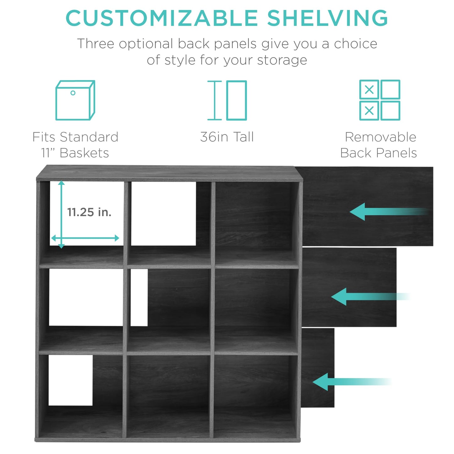 Best Choice Products 9-Cube Storage Organizer, 11in Shelf Opening, Bookcase, Display Shelf, Customizable w/ 3 Removable Back Panels - Dark Gray