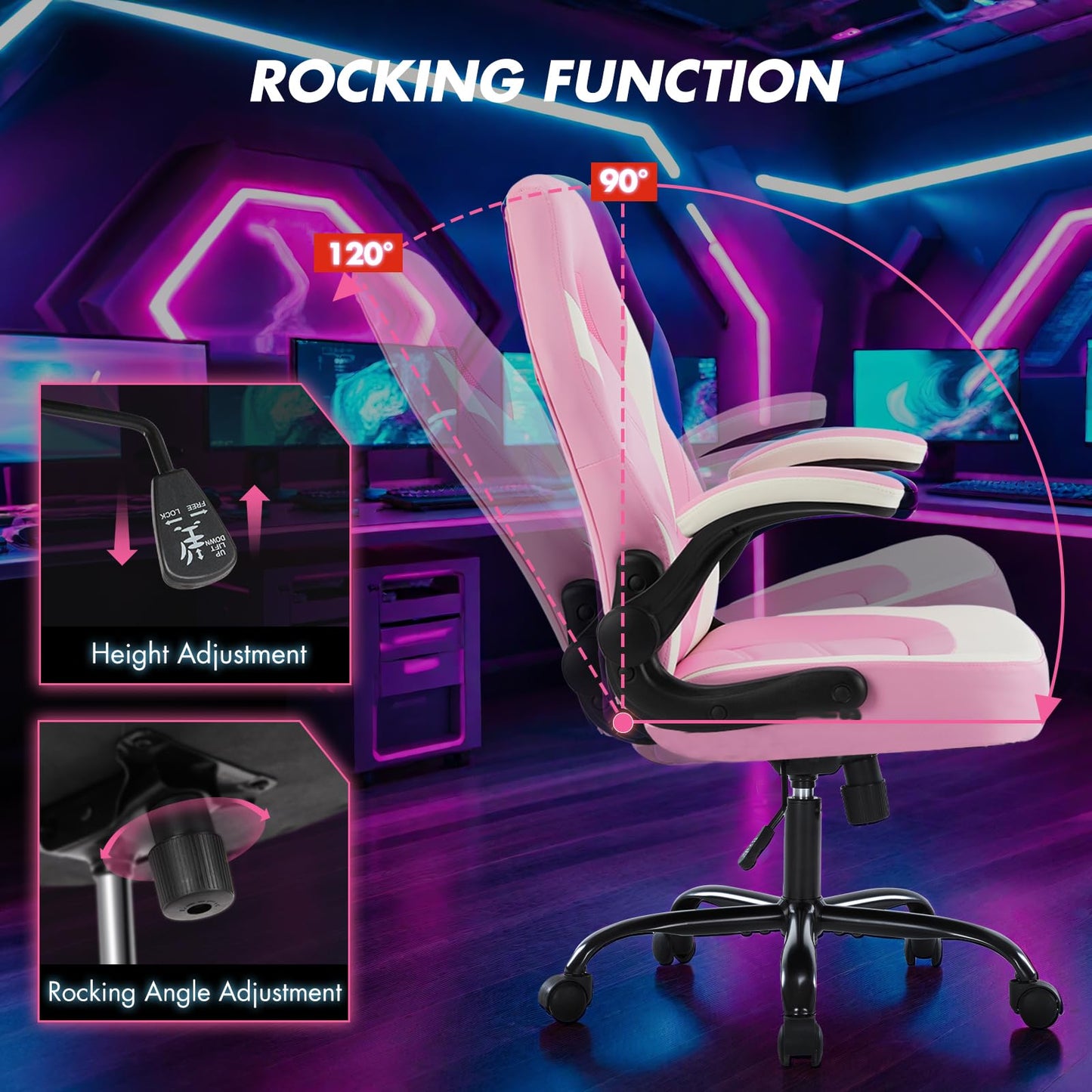 Sweetcrispy Computer Video Game Desk Chair - Ergonomic Comfy Lumbar Support, PU Leather with Flip-up Armrest, Height Adjustable and 360° Swivel, for Adults, Pink