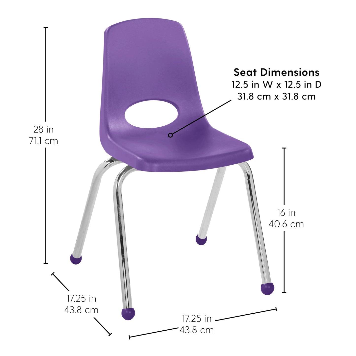 FDP 16" School Stack Chair, Stacking Student Seat with Chromed Steel Legs and Ball Glides for in-Home Learning or Classroom - Purple (4-Pack), 10382-PU