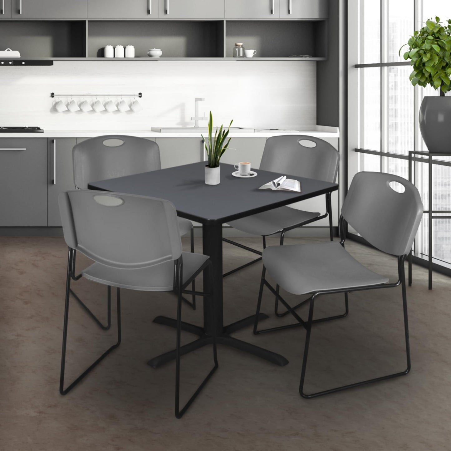Romig Pillar 48 in. Square X-Base Breakroom Table- Grey & 4 Zeng Stack Chairs- Grey