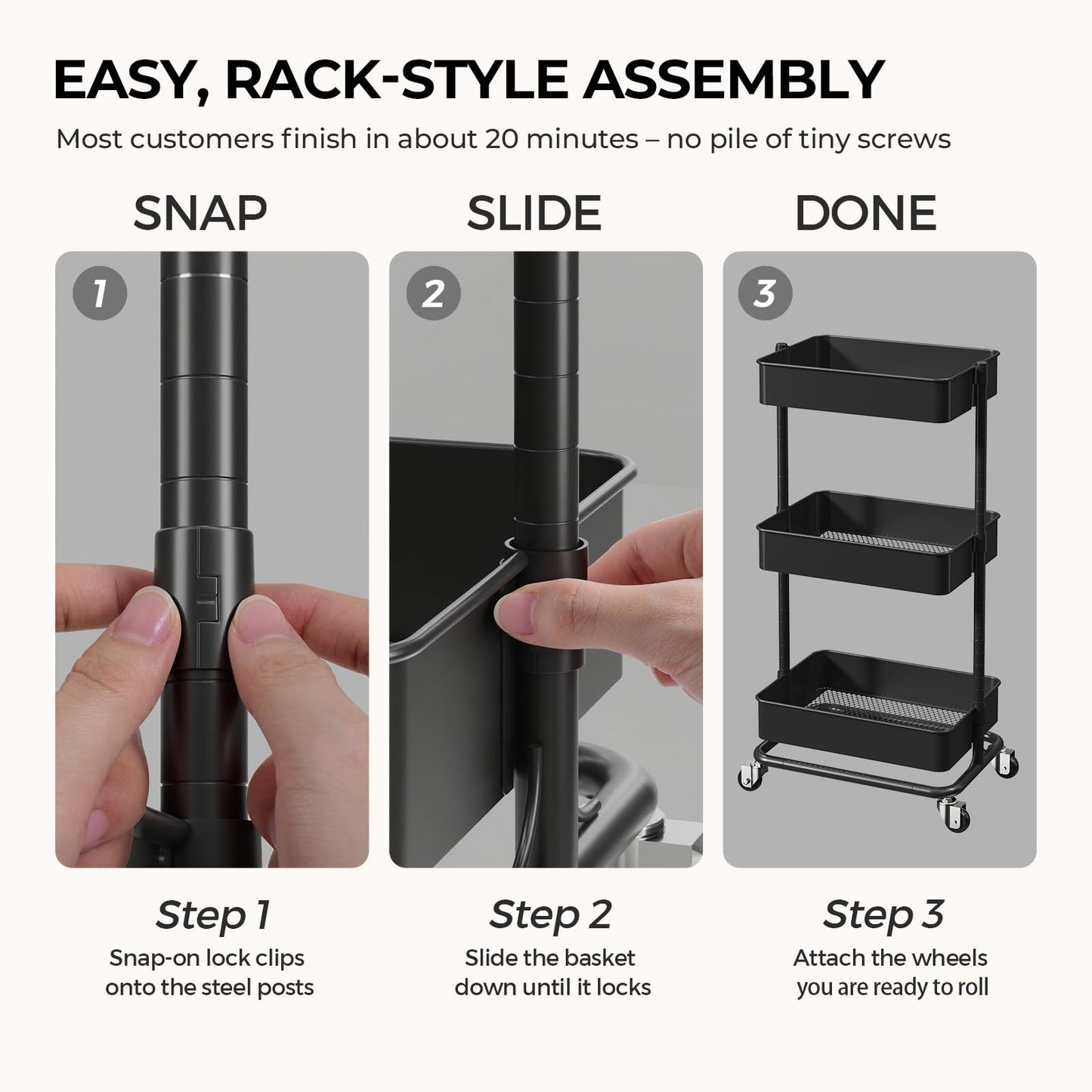 3 Tier Utility Rolling Cart, Heavy Duty Metal Rolling Cart with Wheels, Storage Organizer, Portable Mobile Shelving Unit for Office, Bathroom, Kitchen (Black)