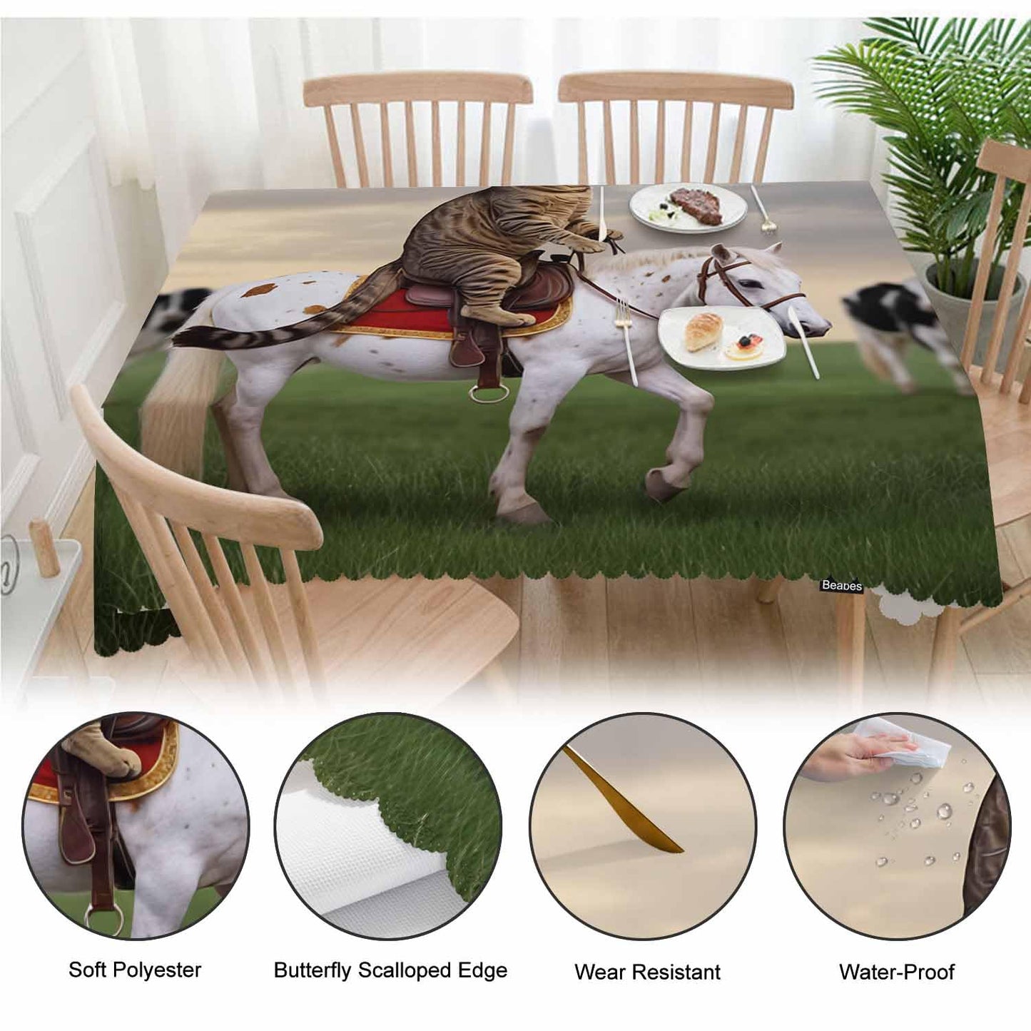 Beabes Cat Cowboy Kitchen Tablecloth Funny Cat On Horse Farm Cows Indoor Outdoor Table Cover Anti-Oil Table Cloths for Wedding Banquet Dinner Tablecloths, 52x70 Inch(4-6 Seats)