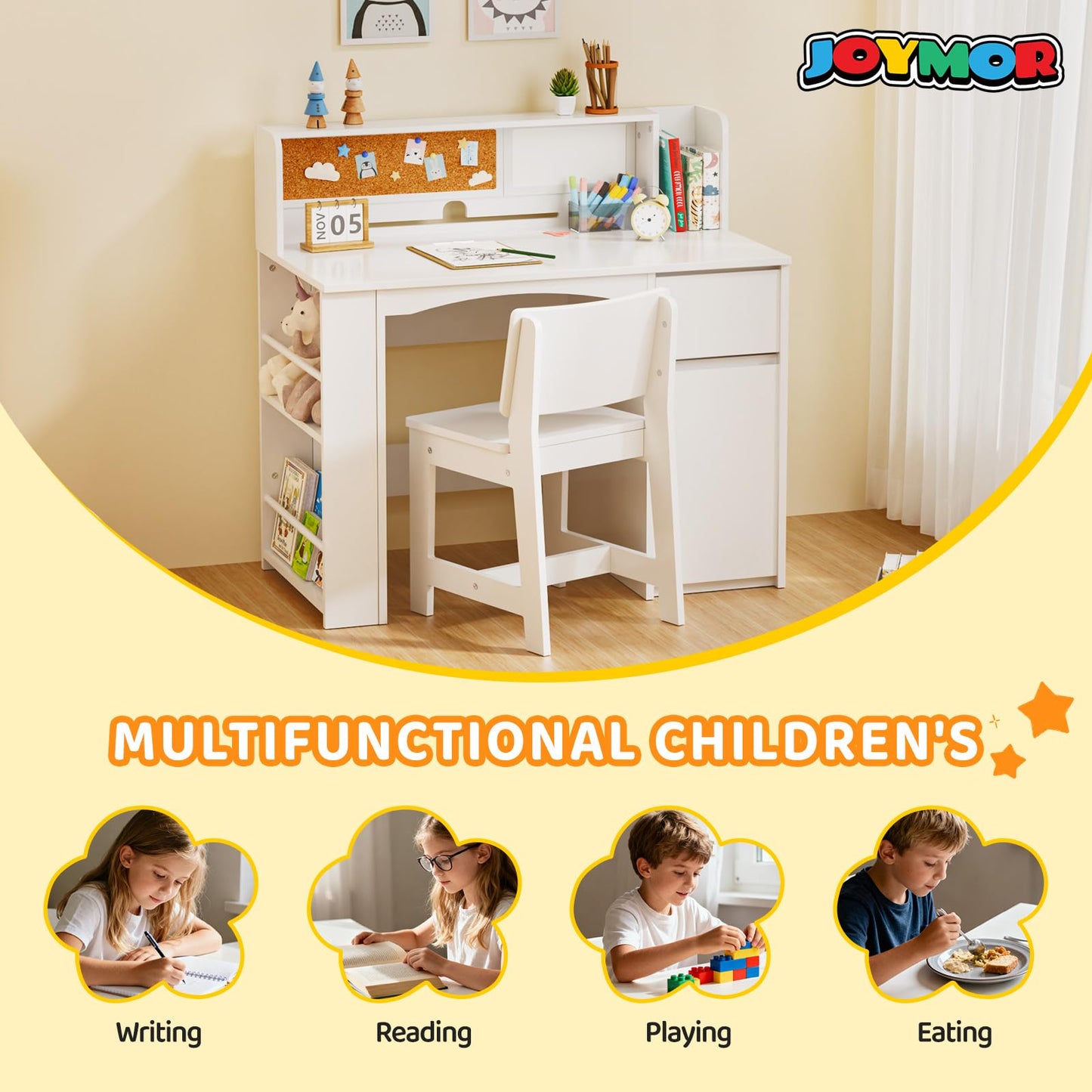 JOYMOR Kids Desk and Chair Set with Bookshelf, Kids Study Desk with Chair with Storage Cabinet, Student Writing Table for Study & Crafts, Student Computer Workstation for 5-12 Years Old, White