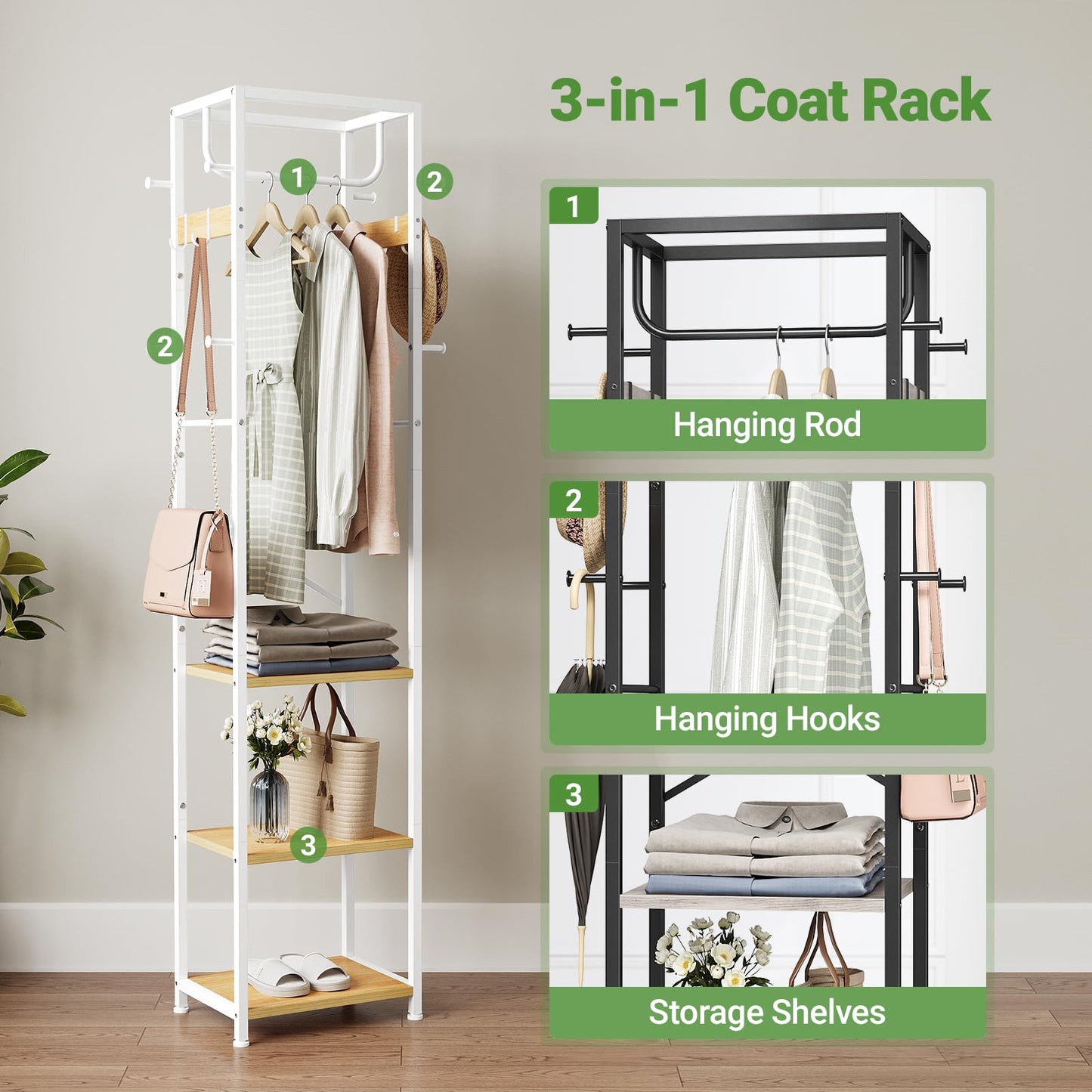 ELYKEN Coat Rack Freestanding, Hall Tree with 3 Storage Shelves and 12 Hooks, Industrial Clothes Rack Stand Organizer for Bedroom, Hallway, Entryway, Office, Living Room
