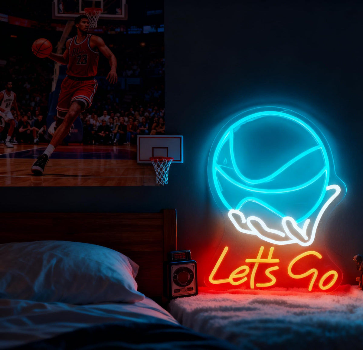Lets Go Basketball Neon Sign, Sports Theme Light Up Sign, Basketball Fan Teen Boy Gift Bedroom Game Space Gym Wall Table Decor, USB Powered Dimmable Decorative Neon Light 16.9 x 12.6 In