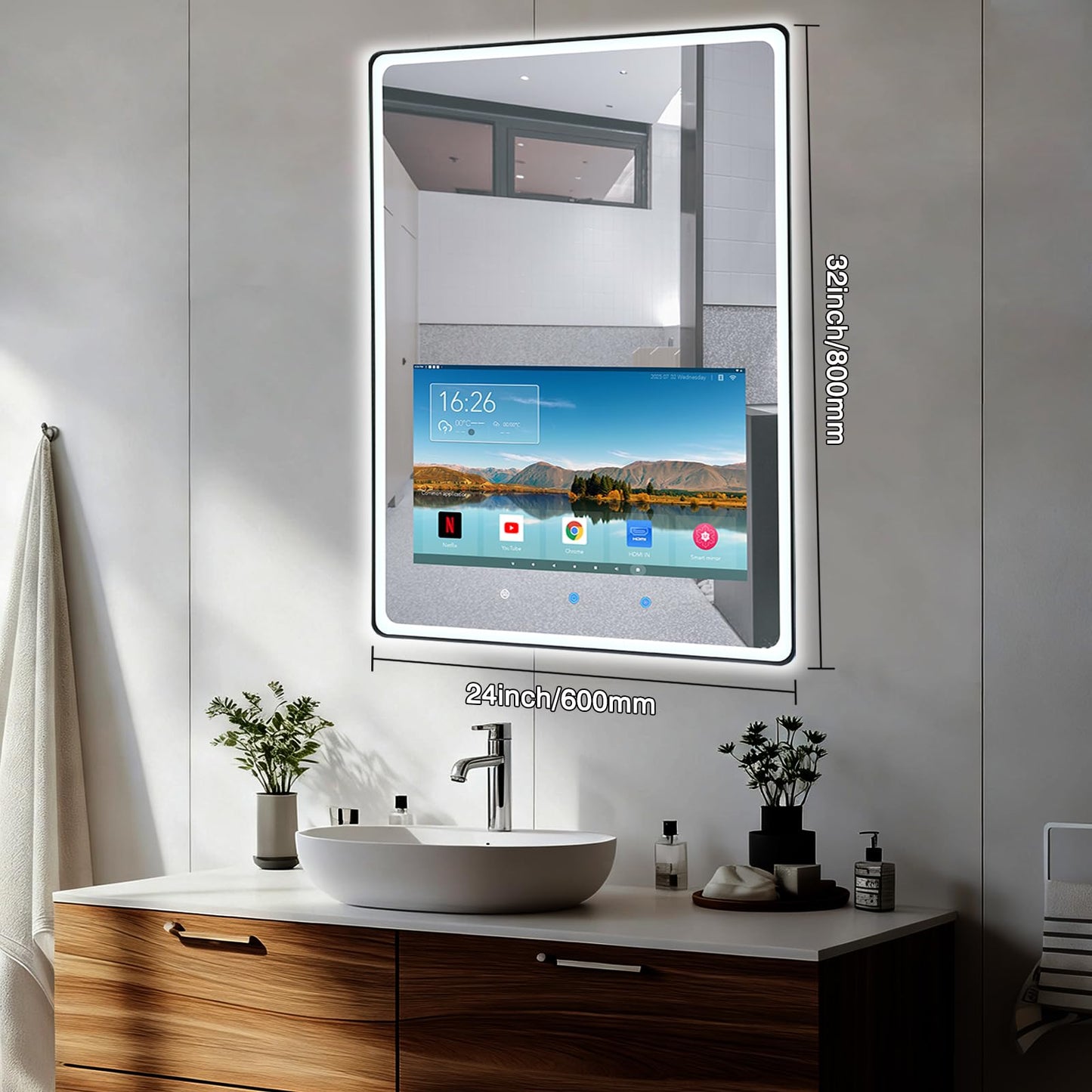 YOURYOKE 24×32 Inch Smart Vanity Bathroom Mirror with 21.5" Waterproof Touchscreen TV, Android OS, Weather Clock Date,WiFi/Bluetooth/HDMI, Anti-Fog, 3-Color LED Lights,Bedroom,Hotel&Spa Wall Mounted