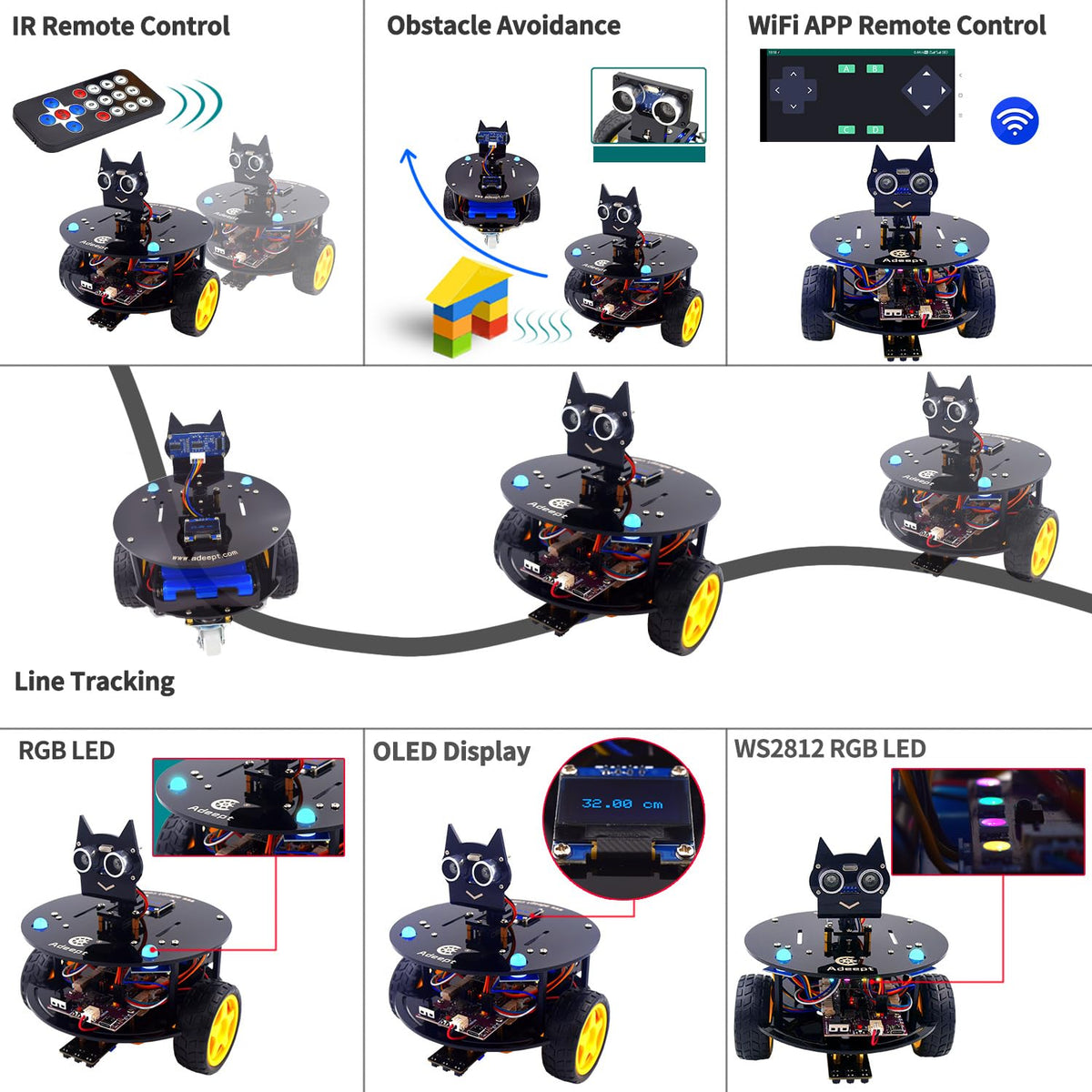 Adeept Smart Car Kit(Compatible with Arduino IDE), Line Tracking, Obstacle Avoidance, OLED Display, Ultrasonic Sensor, Wireless Remote Control, DIY STEM Educational Robot Car Kit (Black)