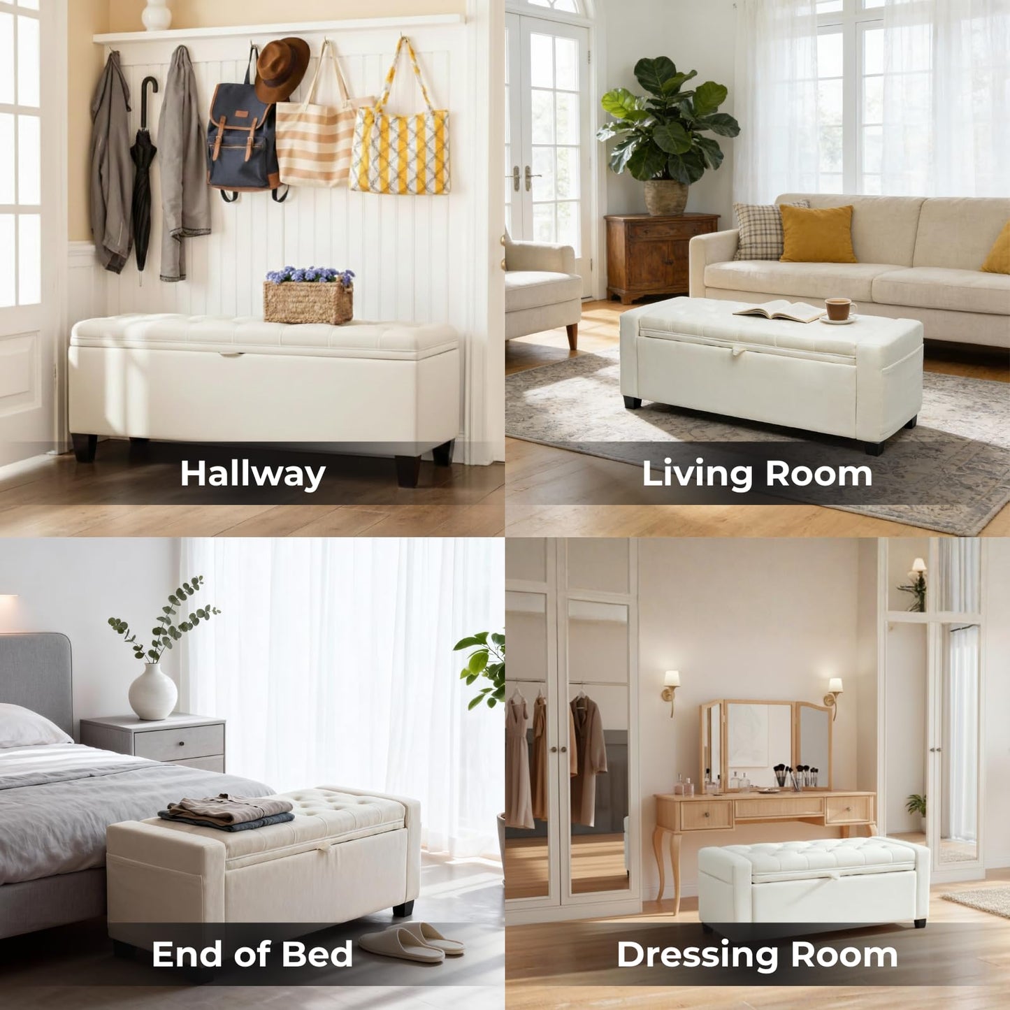 ZideGomai Storage Ottoman Bench for Bedroom, End of Bed Bench with Hidden Storage, Upholstered Tufted Linen Ottoman with Safety Hinge, Bedroom Bench with Storage, 43 Inch, 350lb, Linen Beige