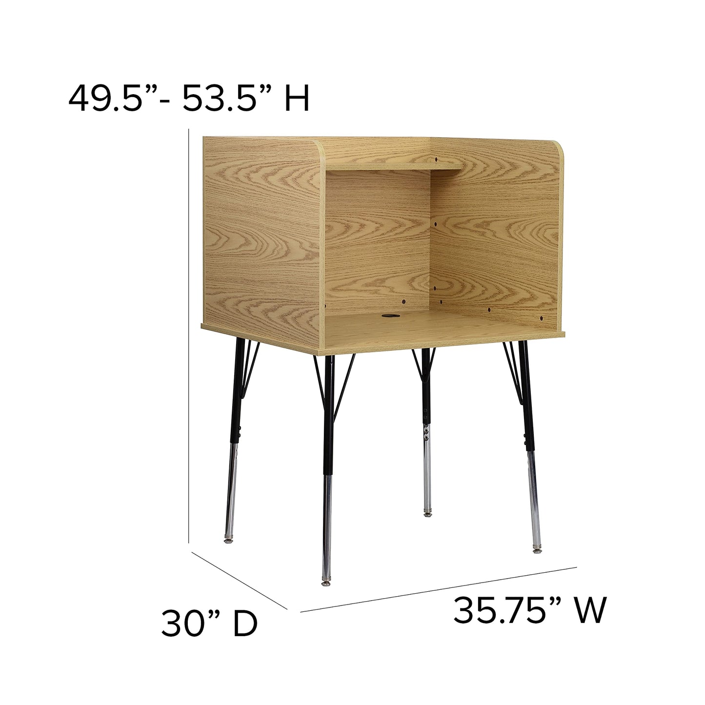Flash Furniture Justin Study Carrel - Oak Finish with Top Shelf - Height Adjustable Legs - Wire Management Grommet