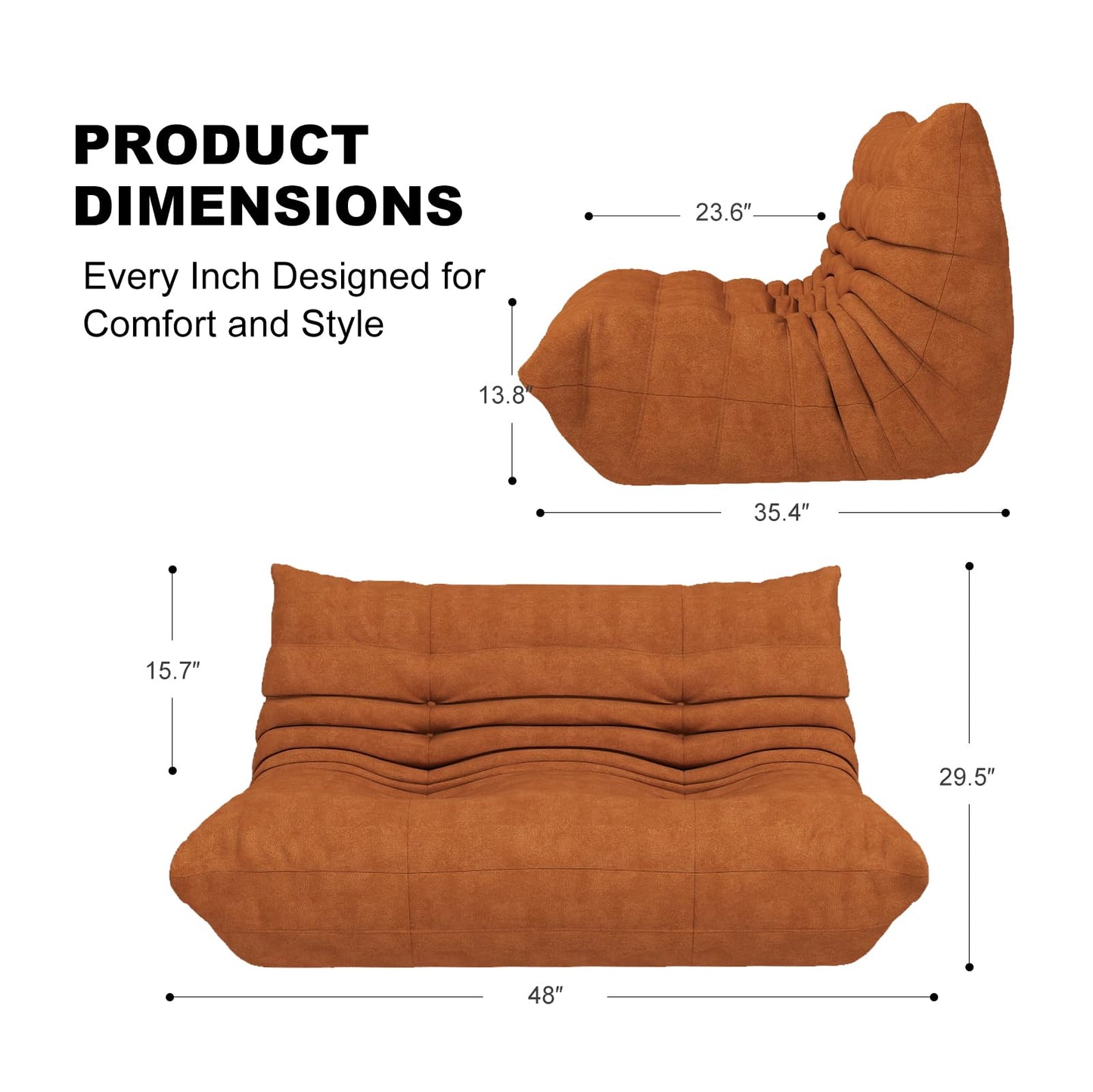 Full Foam Loveseat Sofa,Adults Bean Bag Chairs Floor Couch with Soft Waterproof Fabric,Armless Fireside Lounge Chair for Living Room,Apartment and Office (DarkOrange)