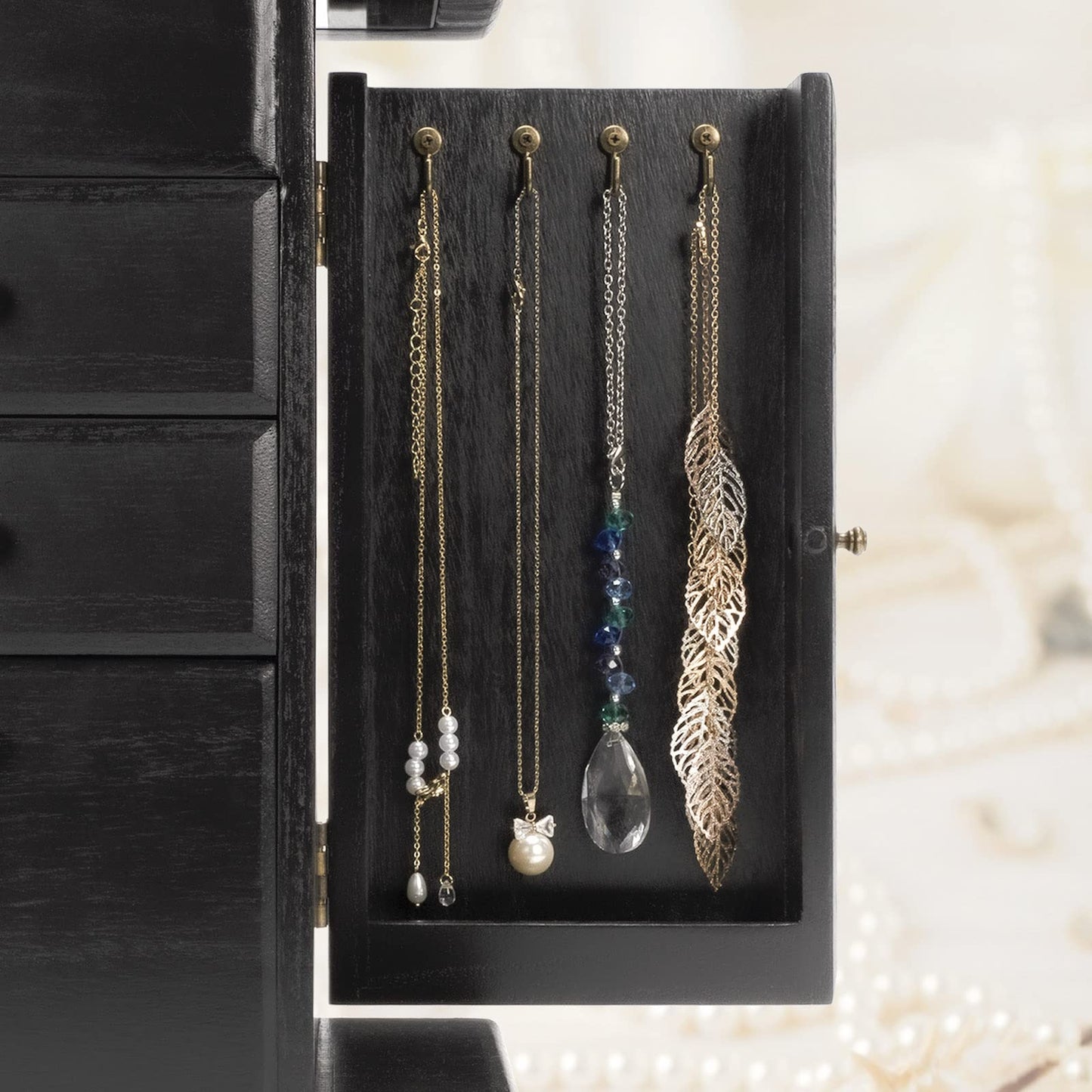 Emfogo Jewelry Box for Women, Rustic Wooden Jewelry Boxes & Organizers with Mirror, 4 Layer Jewelry Organizer Box Display for Rings Earrings Necklaces Bracelets (Black)