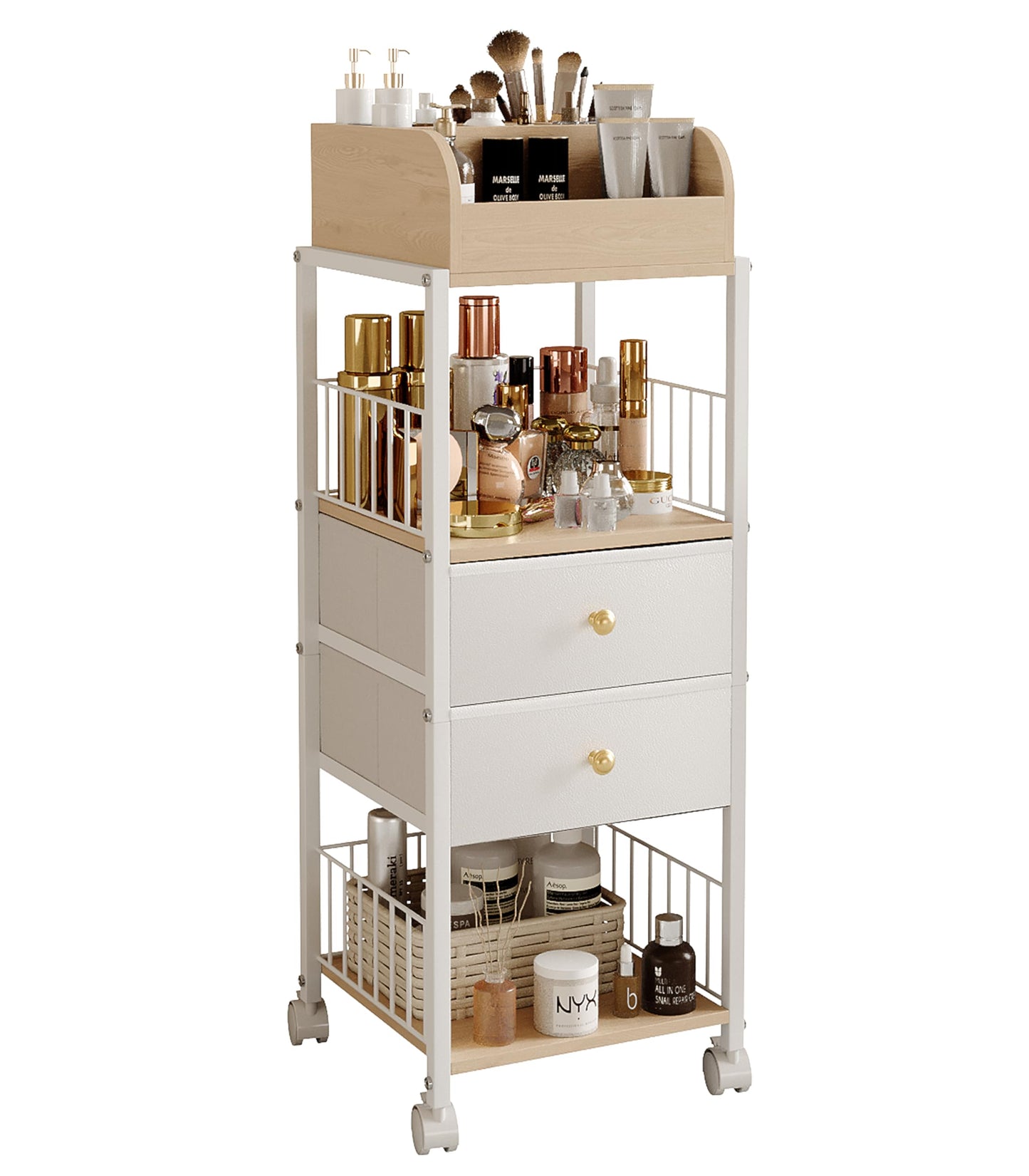Floor Makeup Organizer Storage Cart - Rolling Makeup Cart with Drawers, Skincare Make Up Organizers and Storage, Cosmetics Display Cases Holder for Skin Care Nail Polish Perfume Makeup Brush (White)