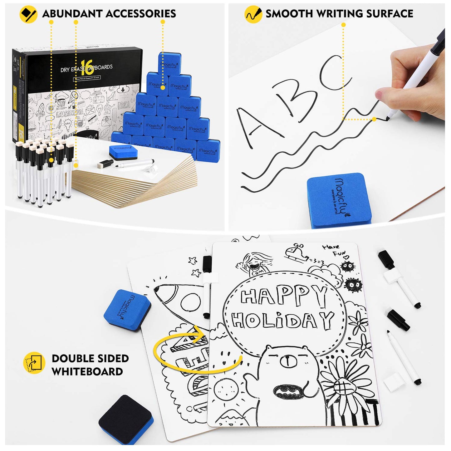Magicfly Double-Sided Small White Board for Classroom, 9 x 12 Inches Dry Erase Lap Boards, Bulk Pack of 16 Mini White Board for Student, Teachers, Office, with 16 Pens, 16 Erasers & 16 Pen Clips