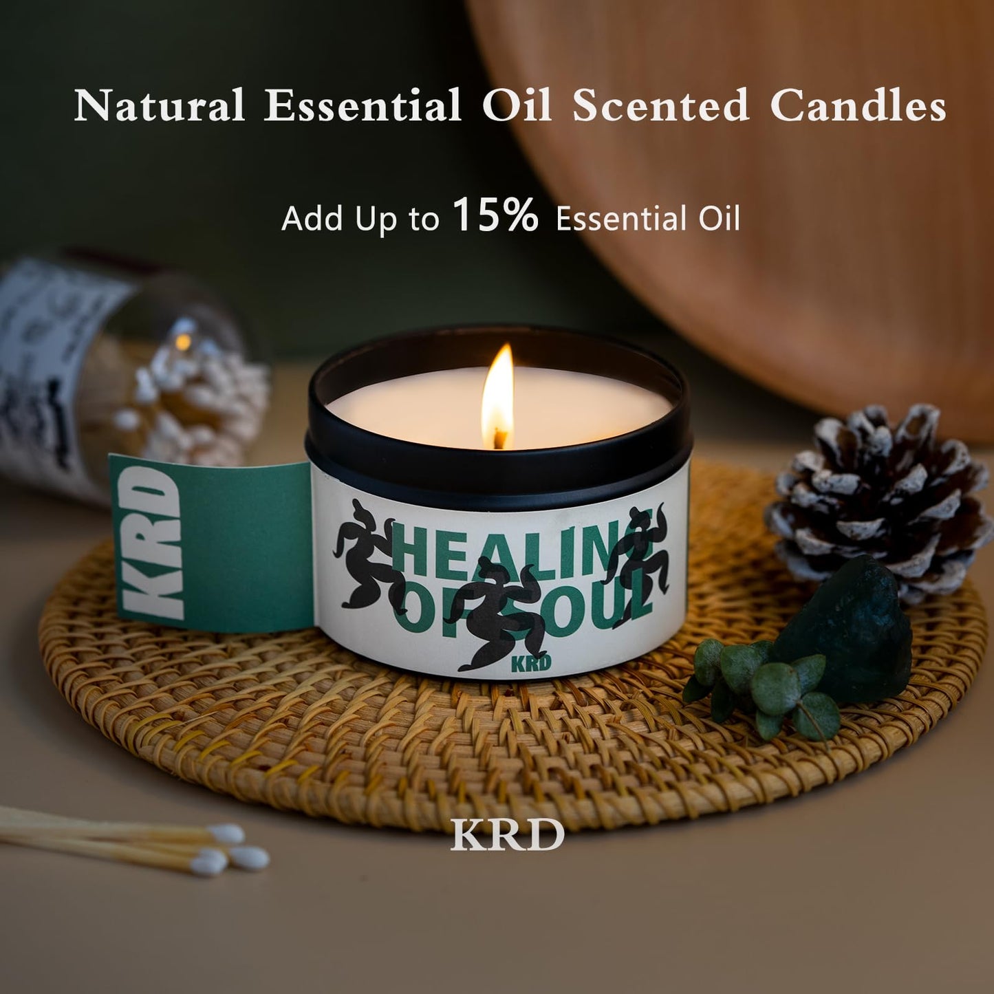 KRD Teakwood Tobacco Candle for Men, 6.4oz Smokey Masculine Scent, 42H Long Burn, Strong Coconut Soy Wax for Study