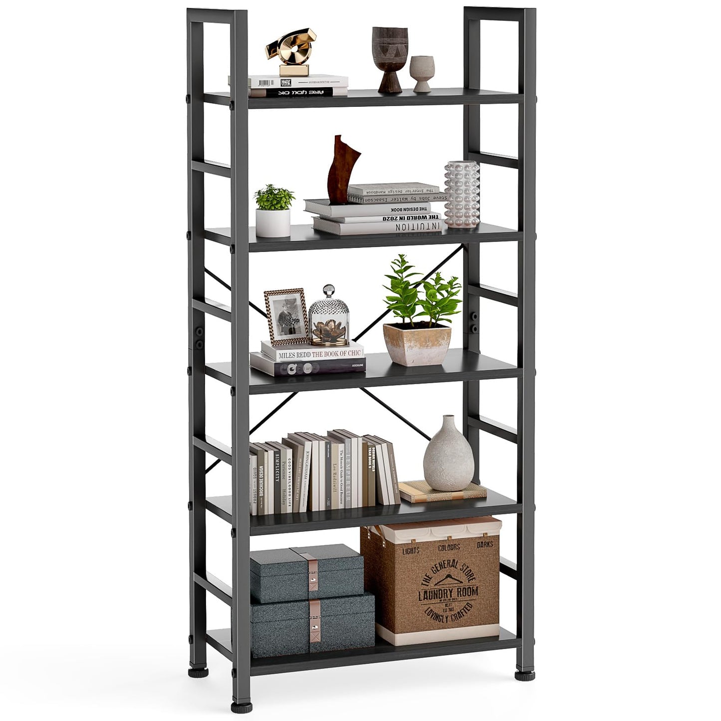 DUMOS 5 Tiers Open Bookshelf, Classic Freestanding Tall Display Shelf, Multifunctional Storage Organizer Rack for Living Room Home Office, Sturdy Bookcase for CDs/Books/Movies, Modern Black