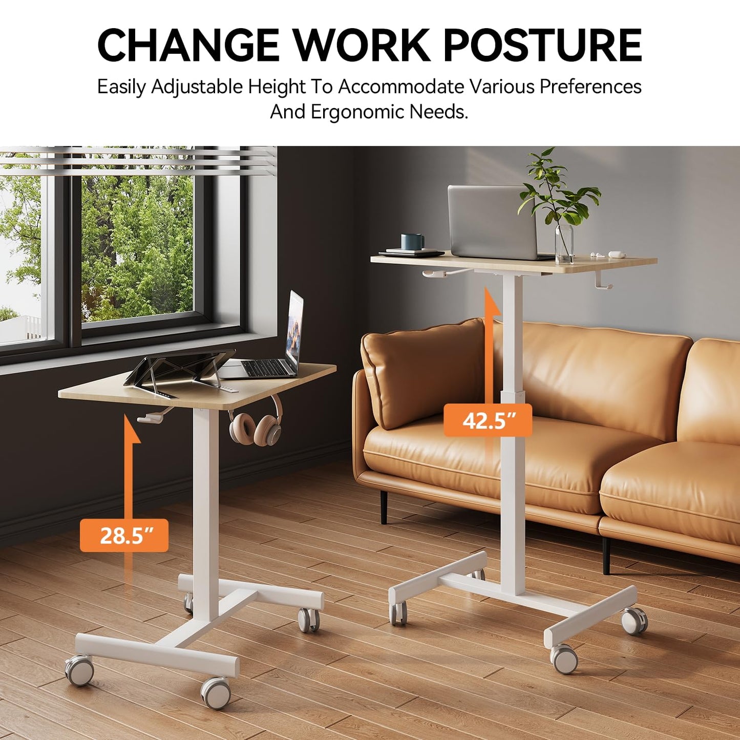 Gamork 18.9*25.6 inch Mobile Standing Desk,T Shaped Pneumatic Adjustable Height Stand Up Desk,with Lockable Wheels,Ergonomic Standing Side Table for Home Office Work Computer Workstation MAPLE+WHITE