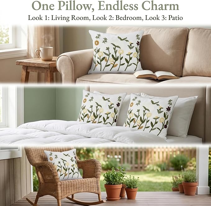 Neutral Floral Embroidered Throw Pillow Covers 20x20 Inch White Daisy Camel