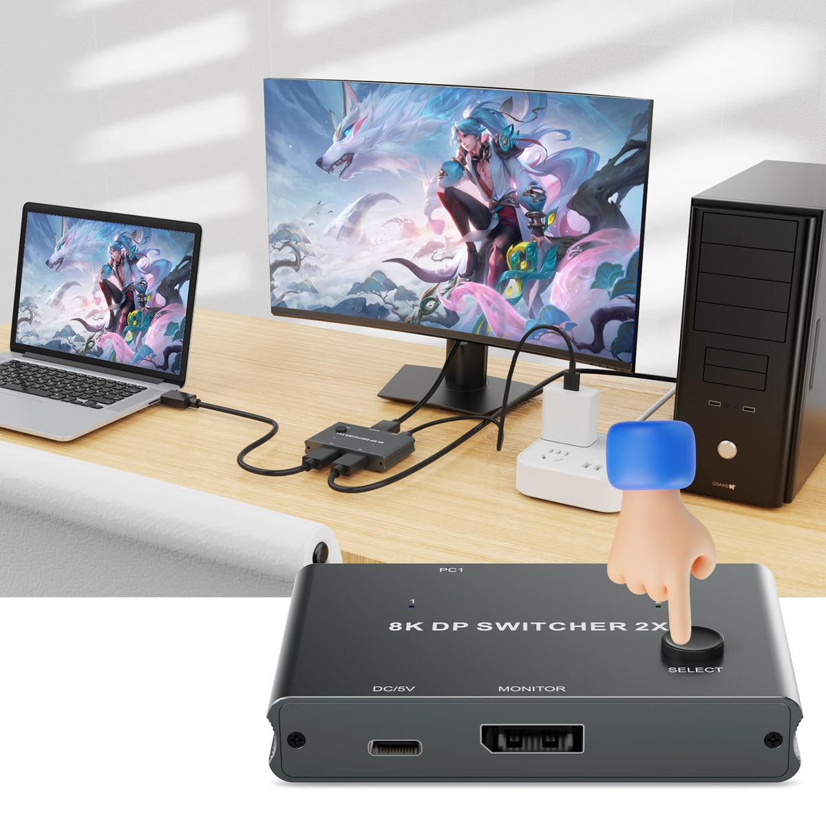Displayport Switch 2-in-1-out, 8K@60Hz, 4K@120Hz, Resolution DP 1.4 DisplayPort Switcher Selector Box【Not Support Bi-Direction .Not Support1 in 2 Out 】