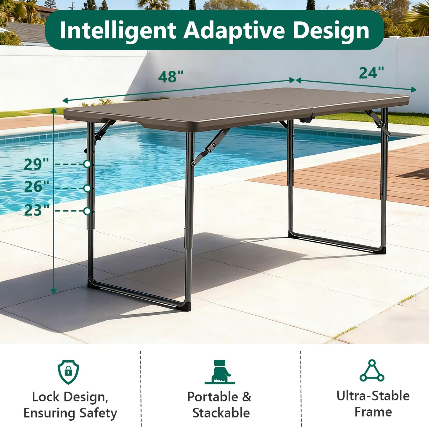 Folding Table, 4FT Foldable Picnic Table with Carrying Handle, Heavy Duty Fold-in-Half Portable Table for Weddings, Camping, RV Travel, Parties, BBQs, and Indoor Use, Easy to Fold and Store, Khaki