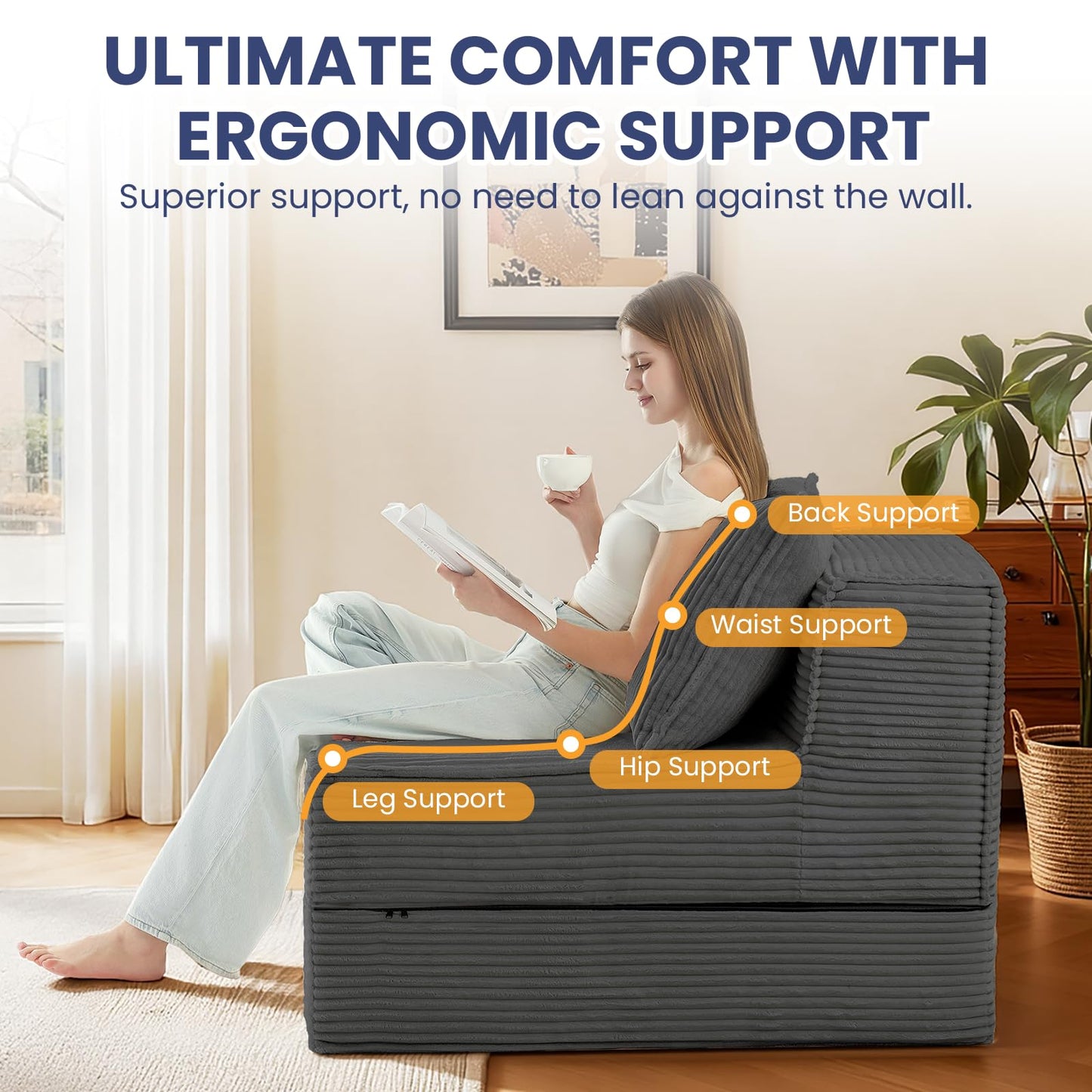 Erament Folding Sofa Bed, 8" Convertible Sleeper Sofa Fold Out Chair Bed with Pillow, Portable Floor Couch Lounge Sofa for Living Room Bedroom Guest Room, Grey