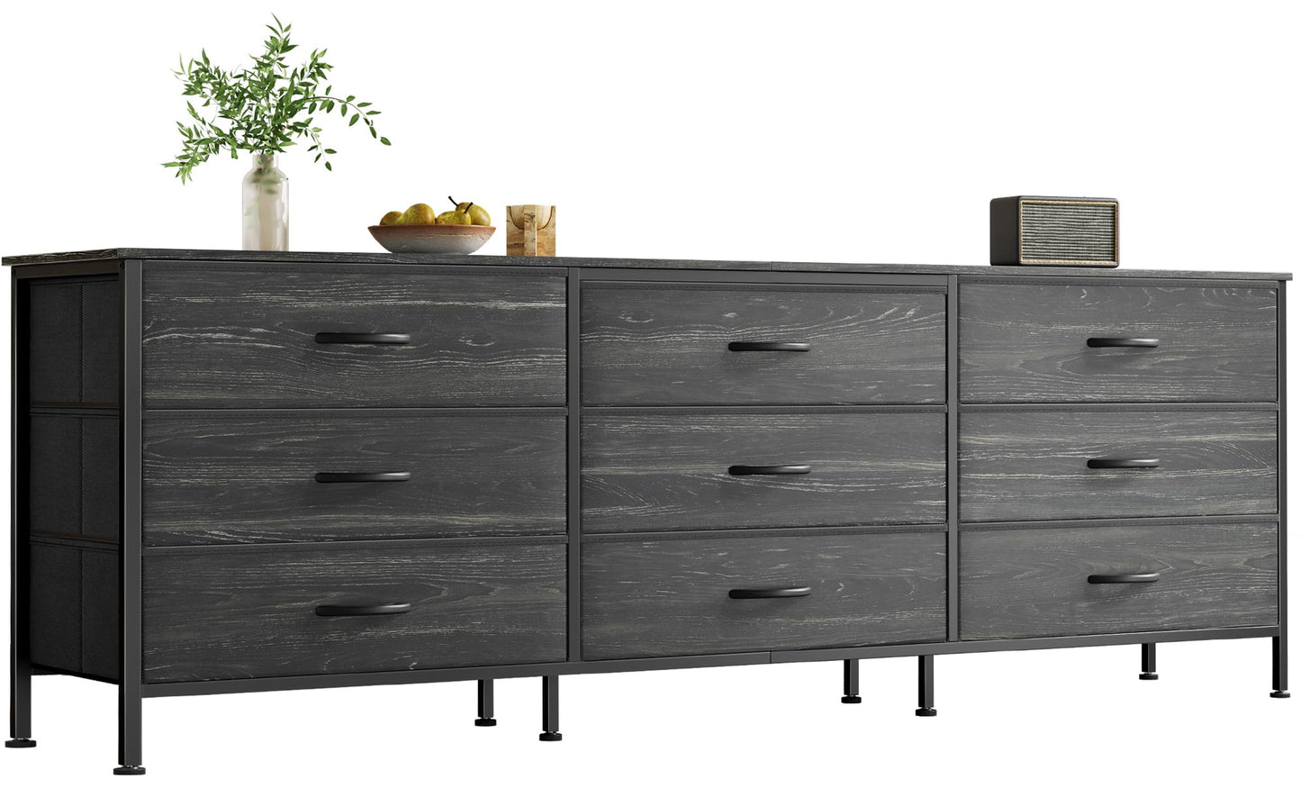 Huuger 63 Inch Dresser for Bedroom, Dresser for Closet with 9 Fabric Drawers, Large TV Stand for 55, 65, 70 Inch TV, Entertainment Center, Wide Long Chest of Drawers, Charcoal Black Wood Grain Print