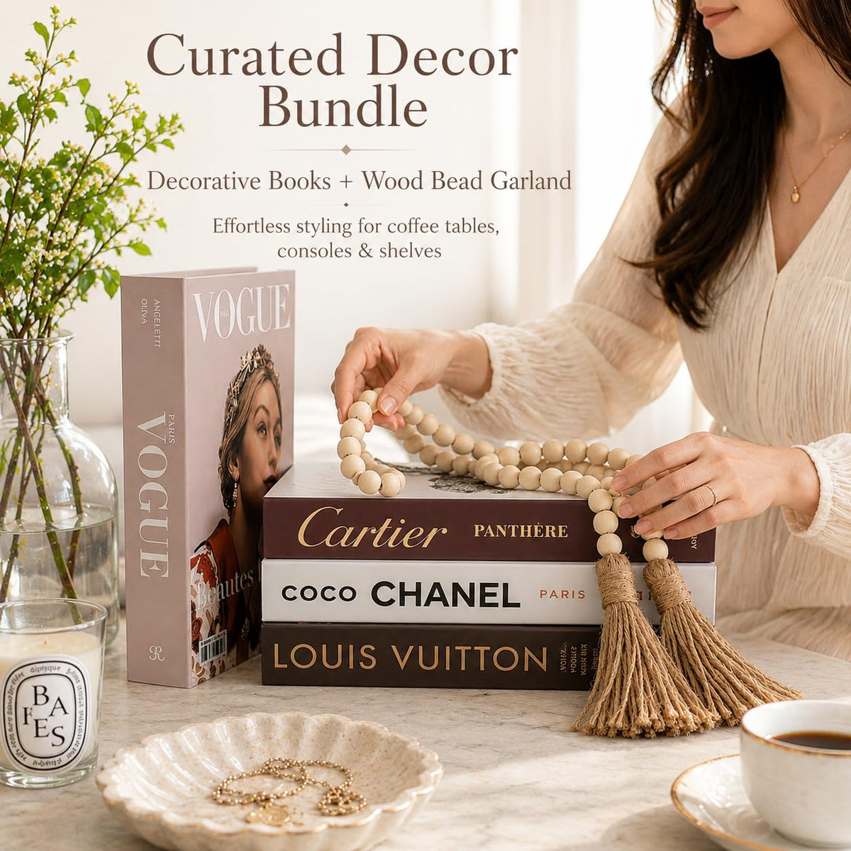 PROBENEX Faux Book Set + Wood Bead Garland Bundle, Luxe Shelf Decor